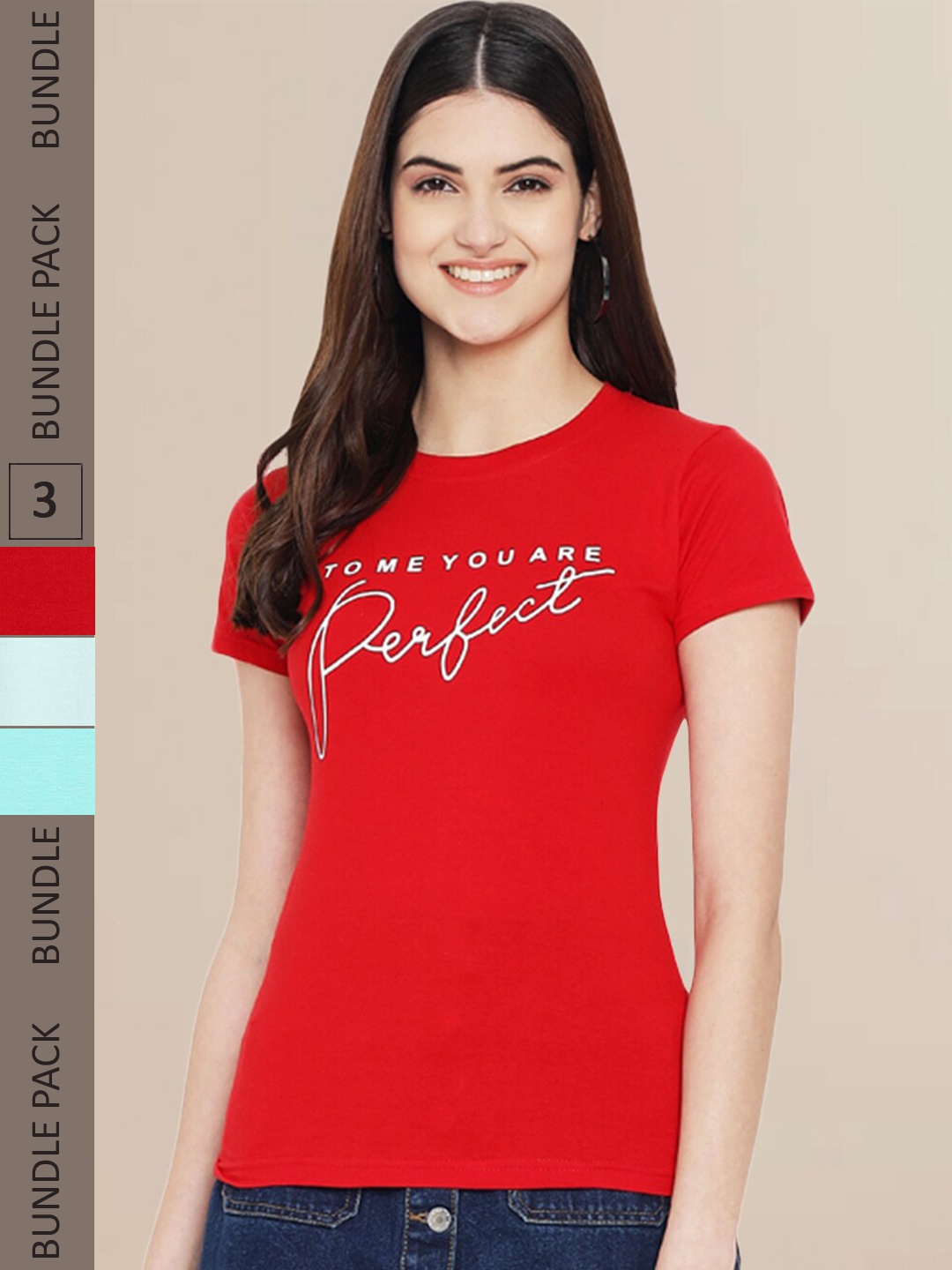 Fabflee Women Pack Of 3 Typography Printed Cotton T-shirts, Red