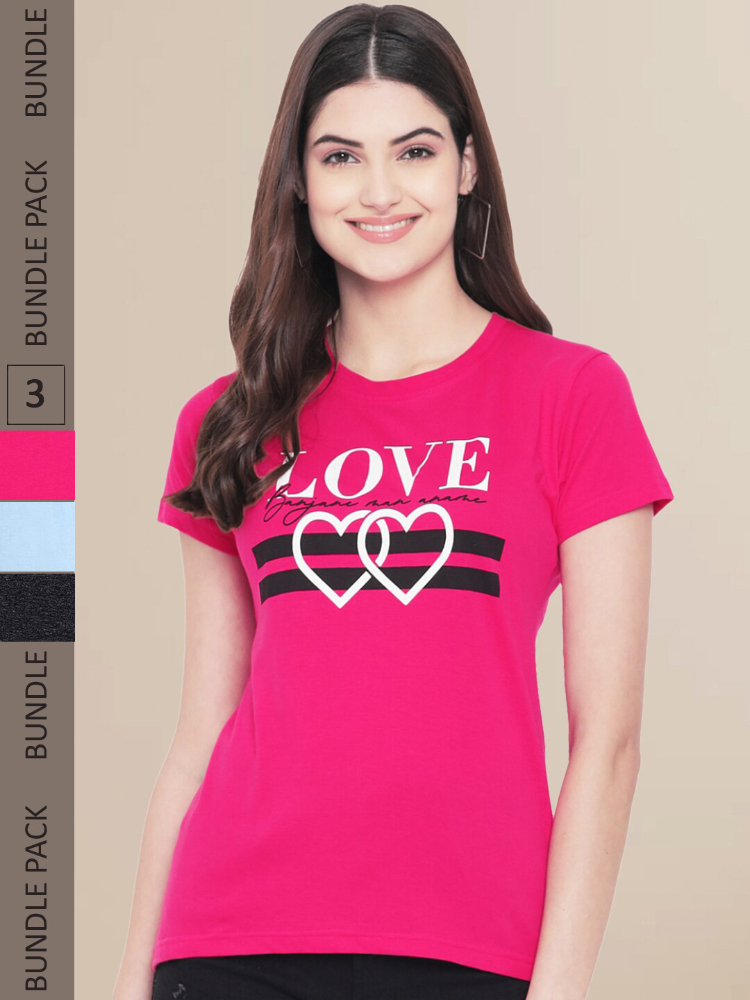 

Fabflee Women Pack Of 3 Printed Cotton T-shirts, Pink