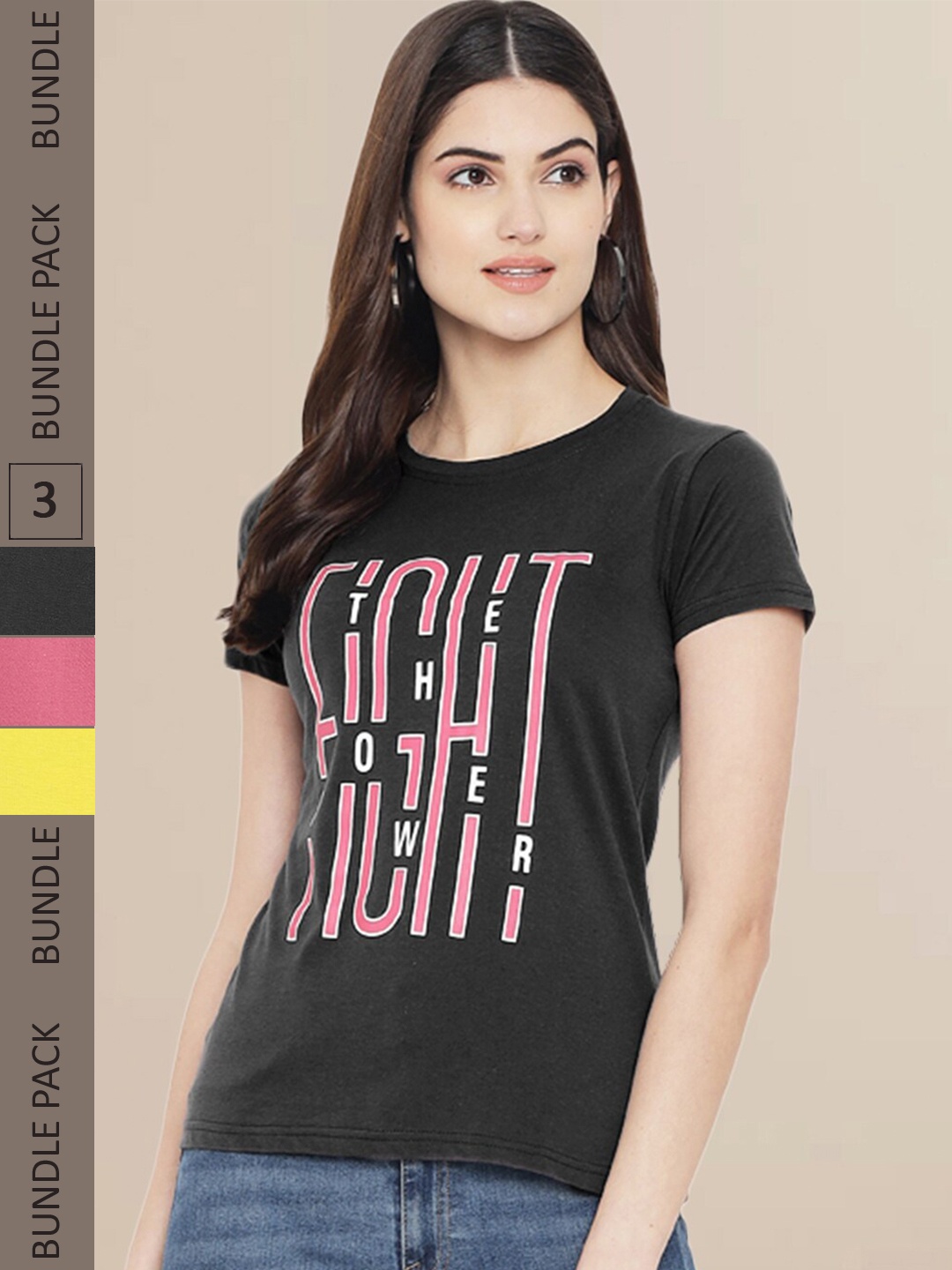 

Fabflee Women Pack Of 3 Typography Printed Cotton T-shirts, Black