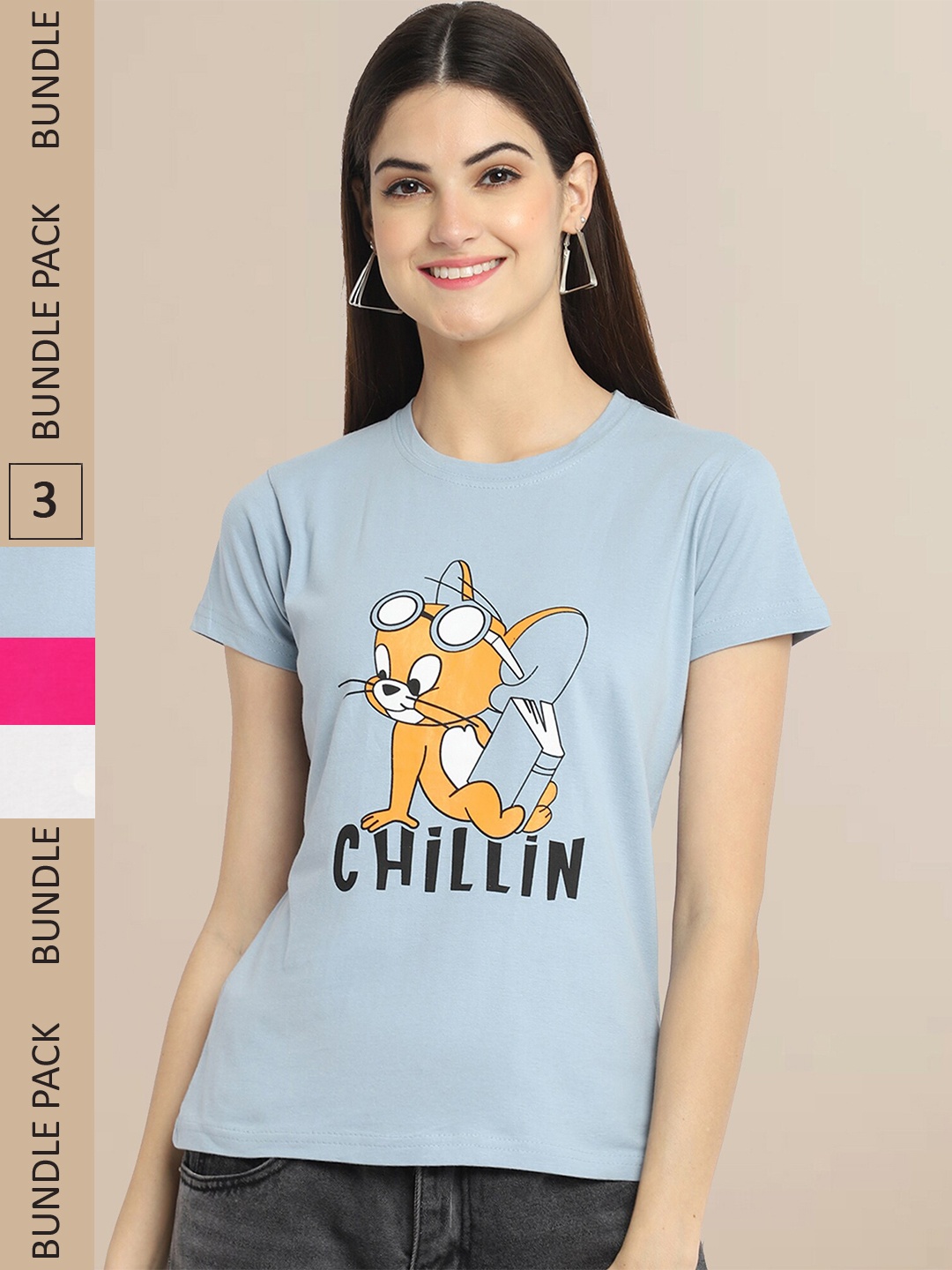 

Fabflee Women Pack of 3 Printed Cotton T-shirt, Grey