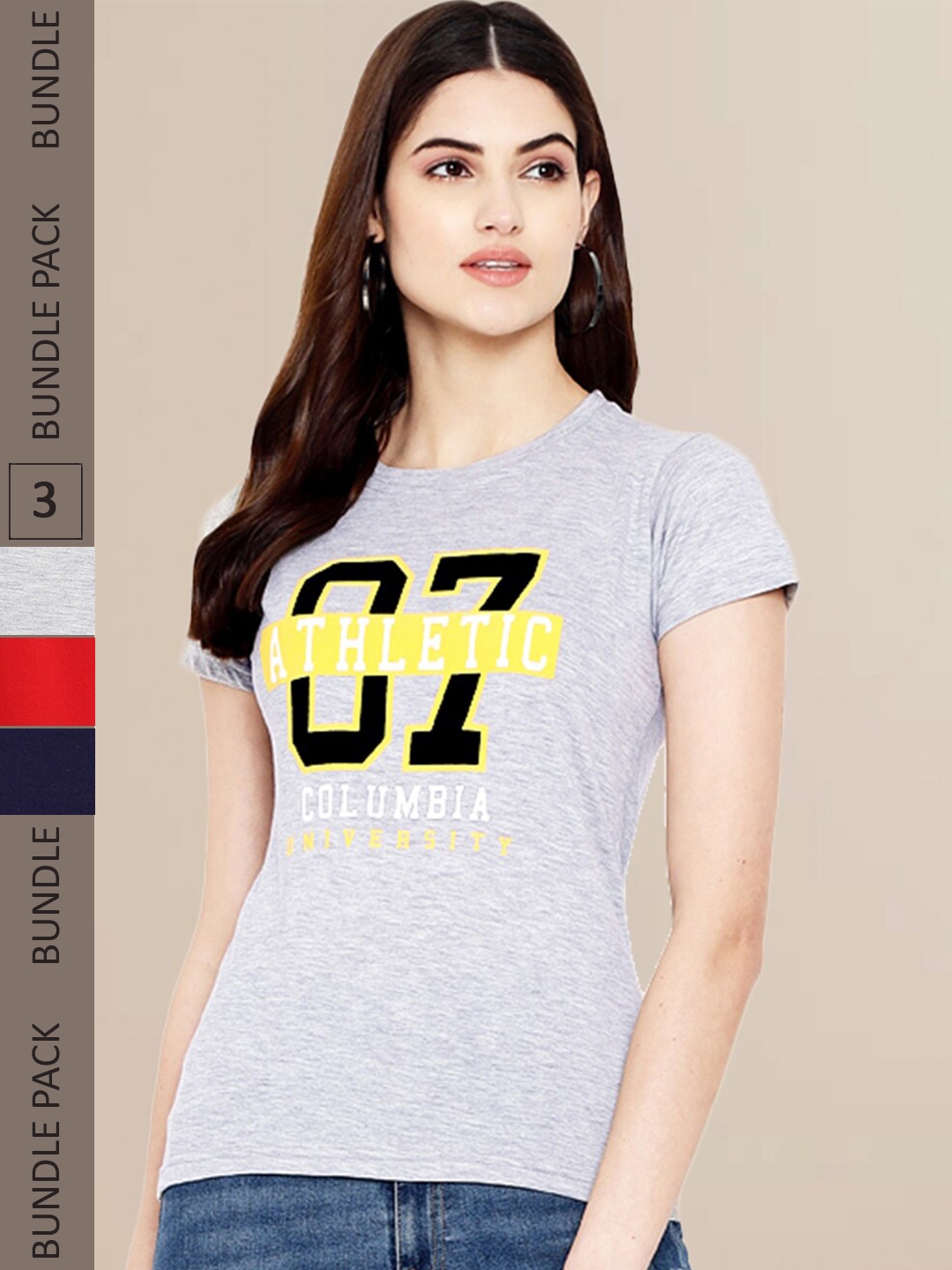

Fabflee Women Pack of 3 Typography Printed Cotton T-shirt, Grey