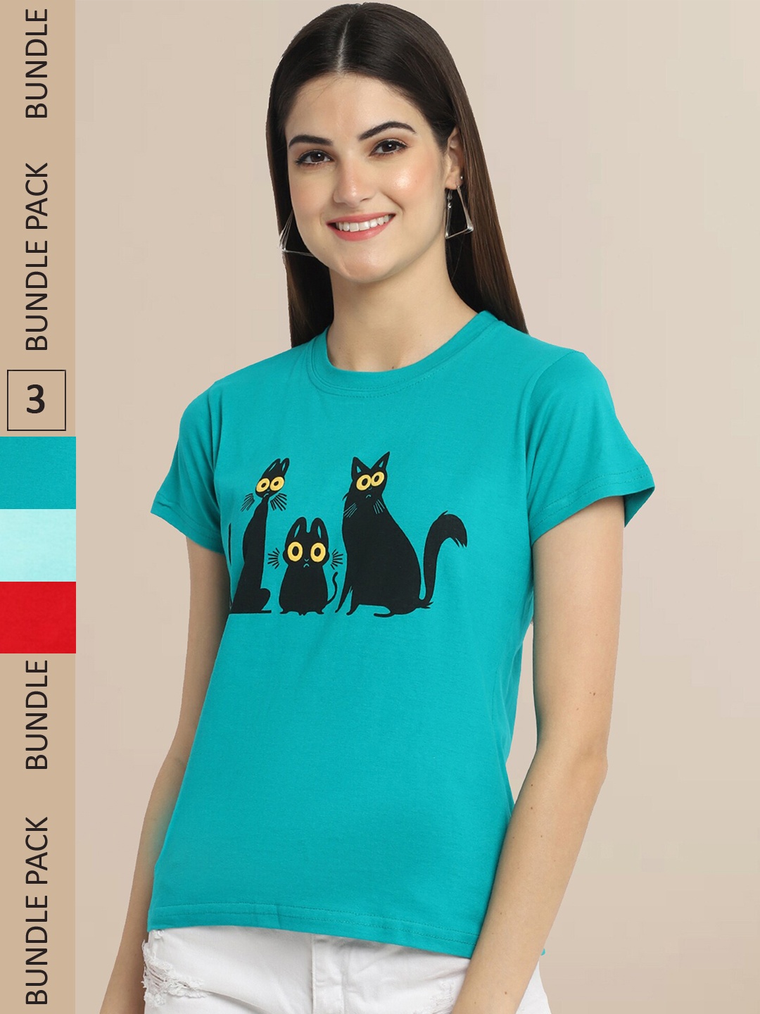 

Fabflee Women Pack of 3 Printed Cotton T-shirt, Teal