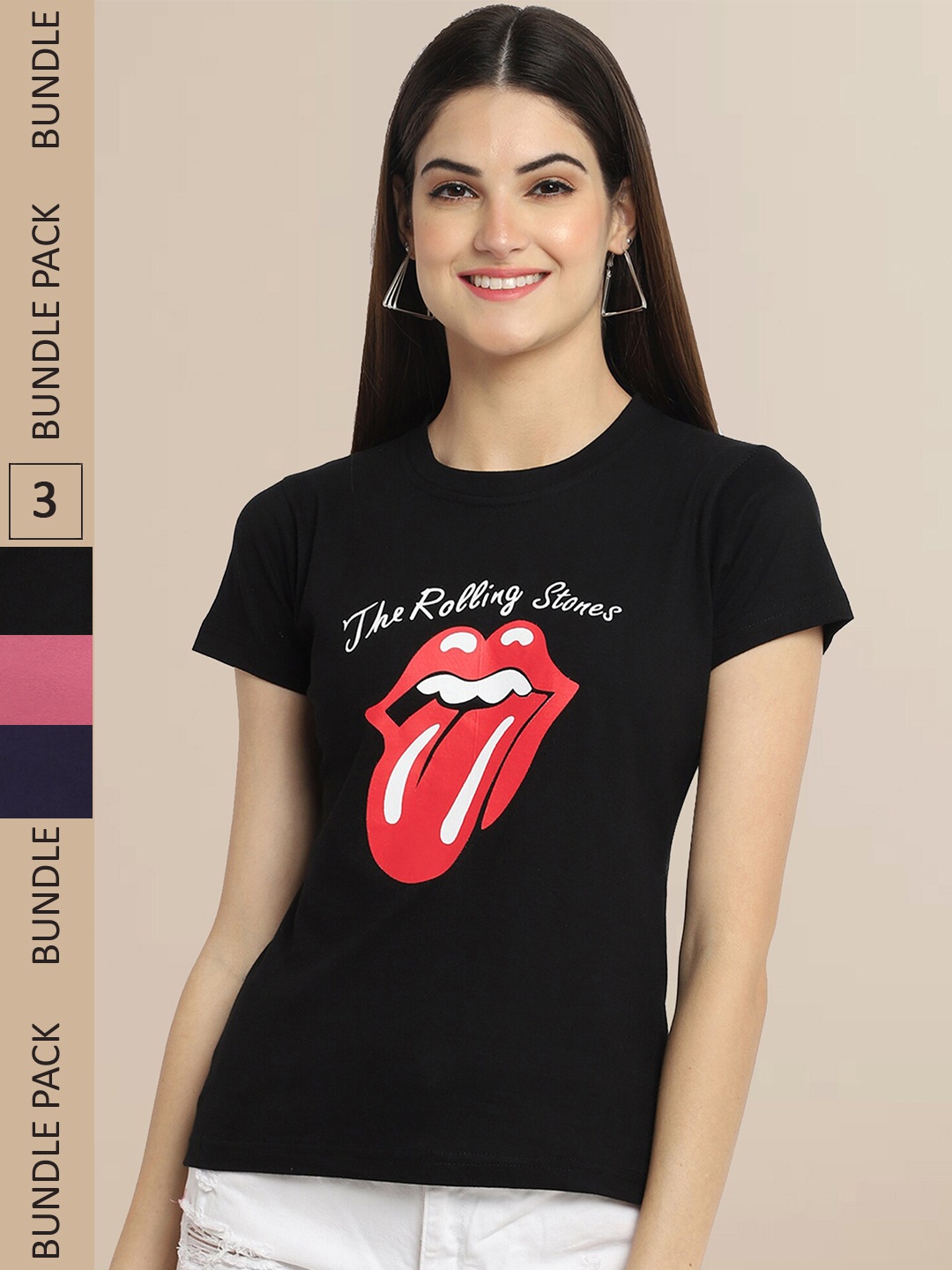

Fabflee Pack Of 3 Women Typography Printed Cotton T-shirt, Black