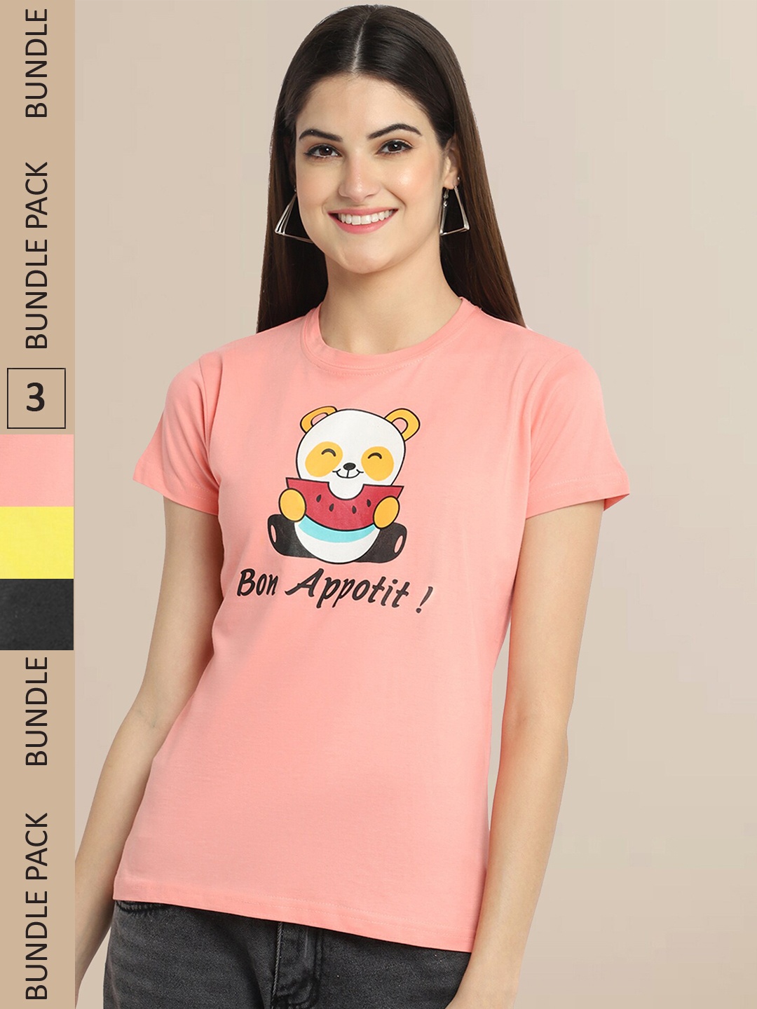 

Fabflee Pack Of 3 Women Typography Printed Cotton T-shirt, Peach