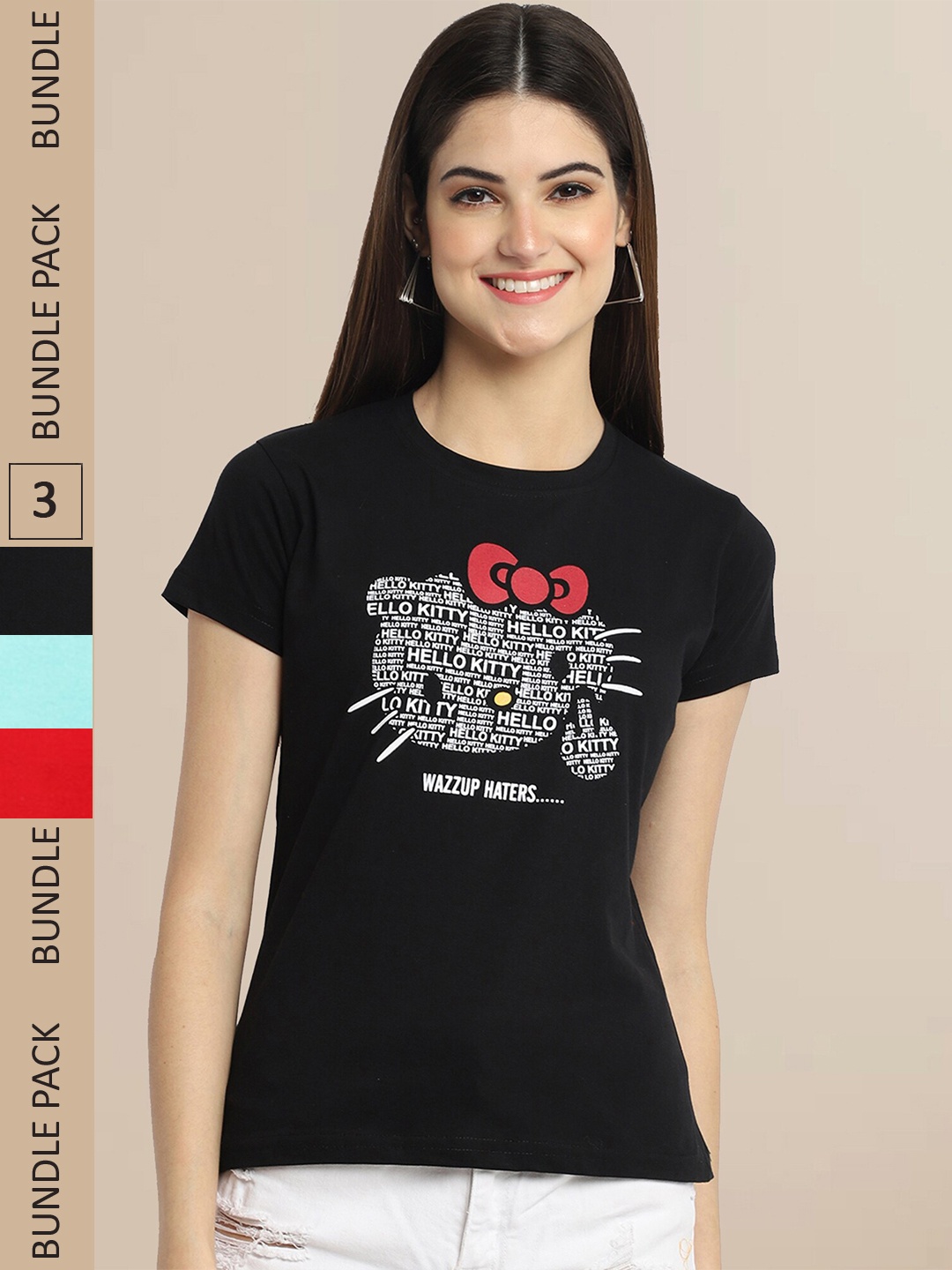 

Fabflee Pack Of 3 Women Typography Printed Cotton T-shirt, Black