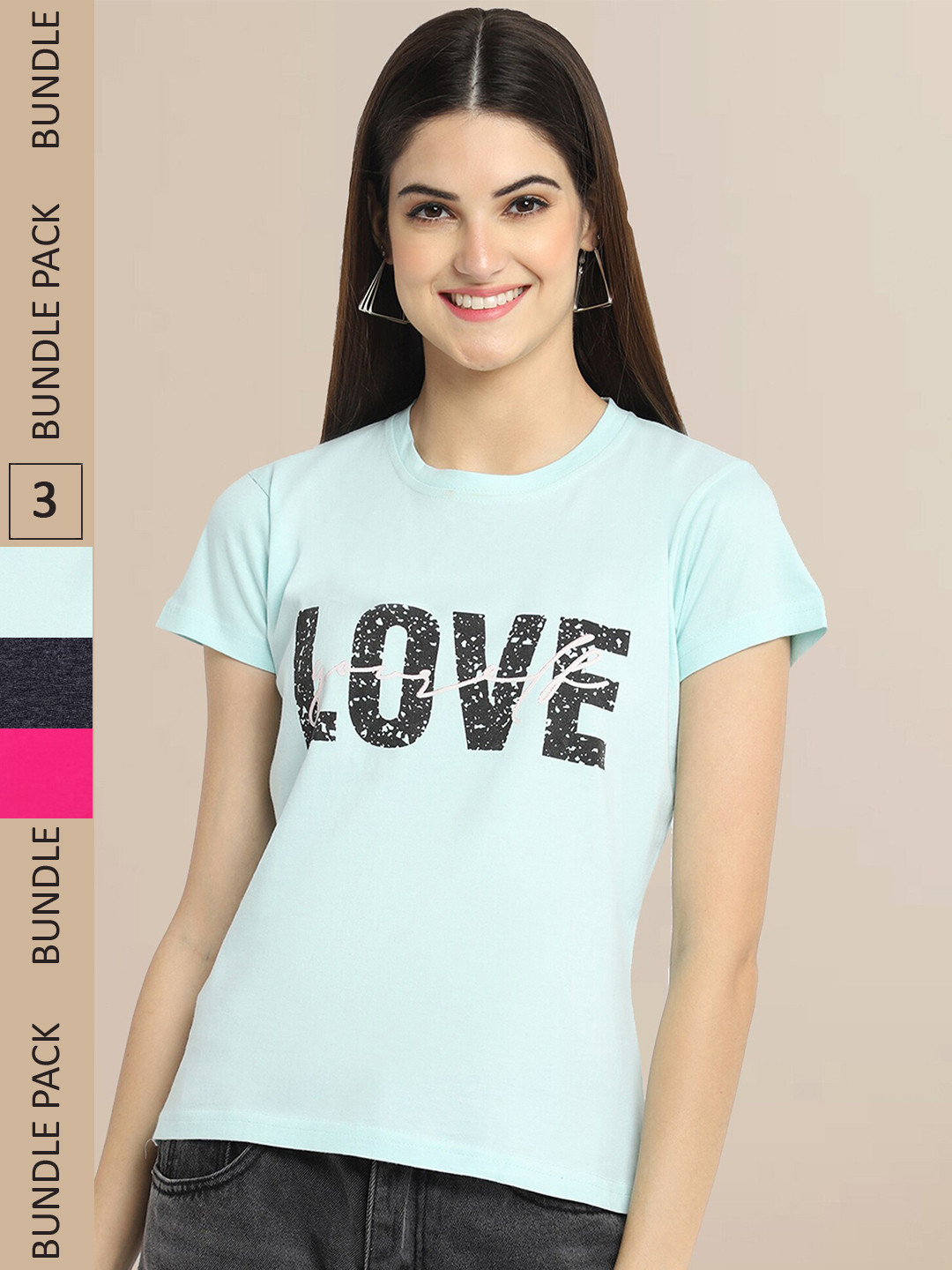 

Fabflee Pack Of 3 Women Typography Printed Cotton T-shirt, Sea green