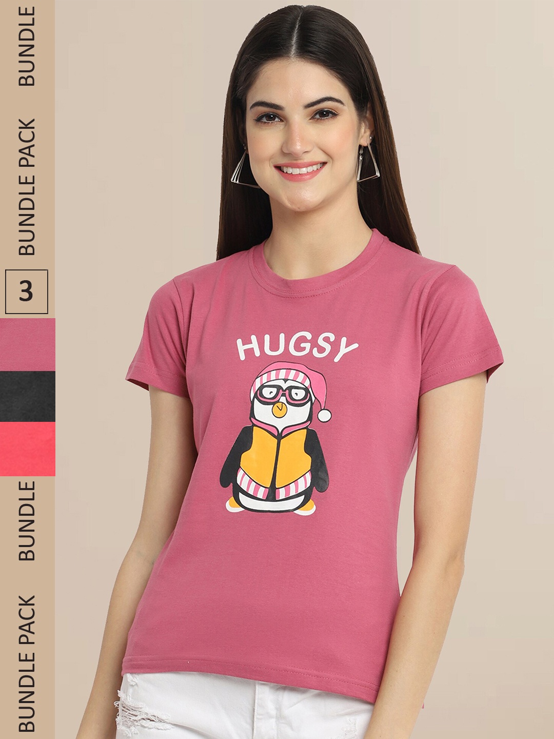 

Fabflee Pack Of 3 Women Typography Printed Cotton T-shirt, Pink