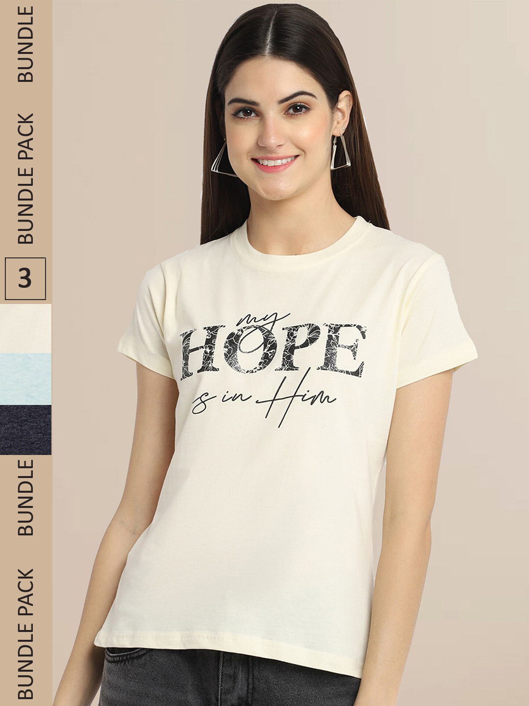 

Fabflee Pack Of 3 Women Typography Printed Cotton T-shirt, Beige