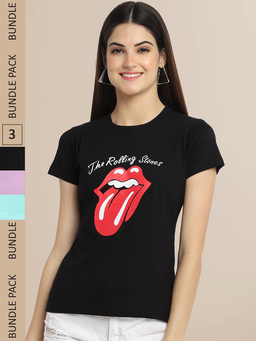 Fabflee Pack Of 3 Women Typography Printed Cotton T-shirt, Black