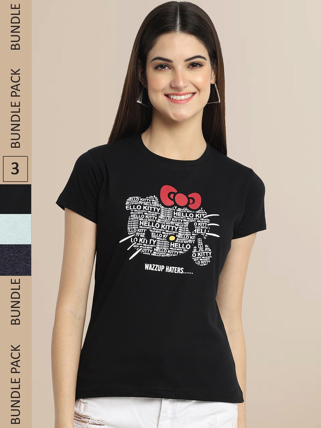 

Fabflee Pack Of 3 Women Typography Printed Cotton T-shirt, Black