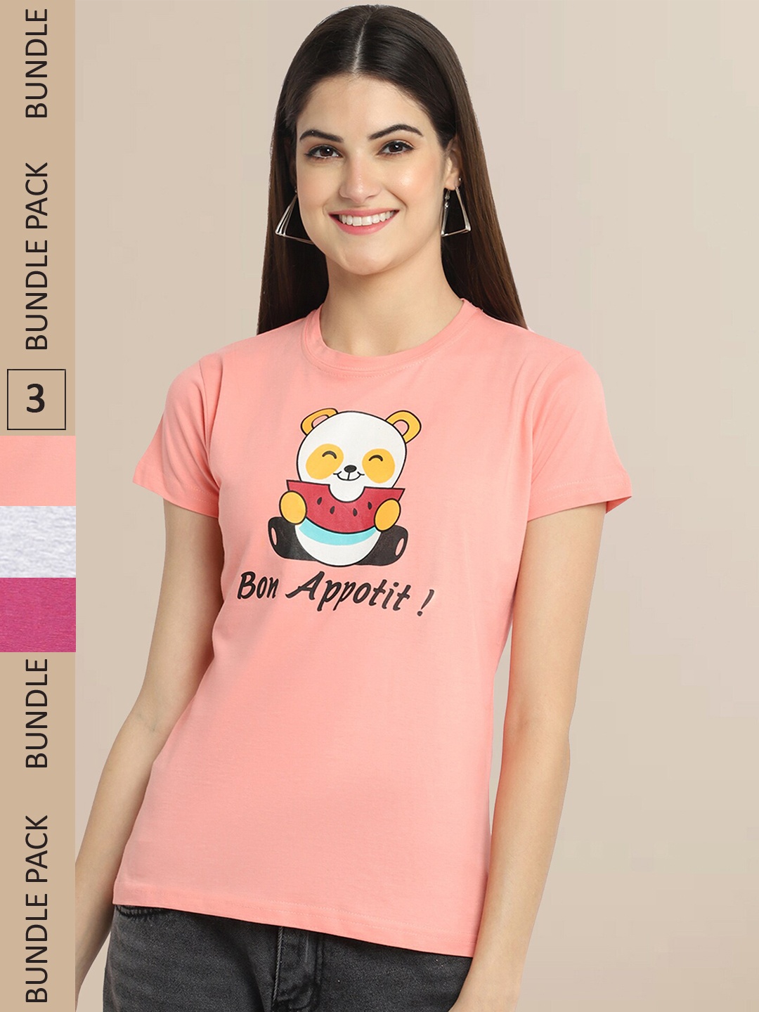 

Fabflee Pack Of 3 Women Typography Printed Cotton T-shirt, Peach
