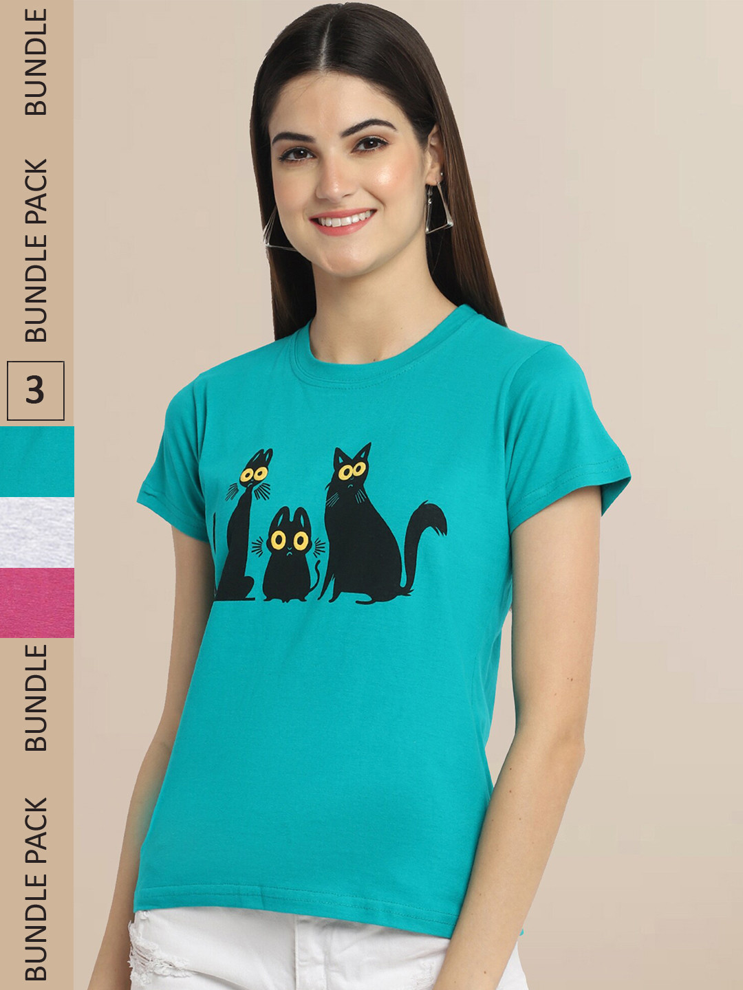 

Fabflee Women Pack of 3 Printed Cotton T-shirt, Teal