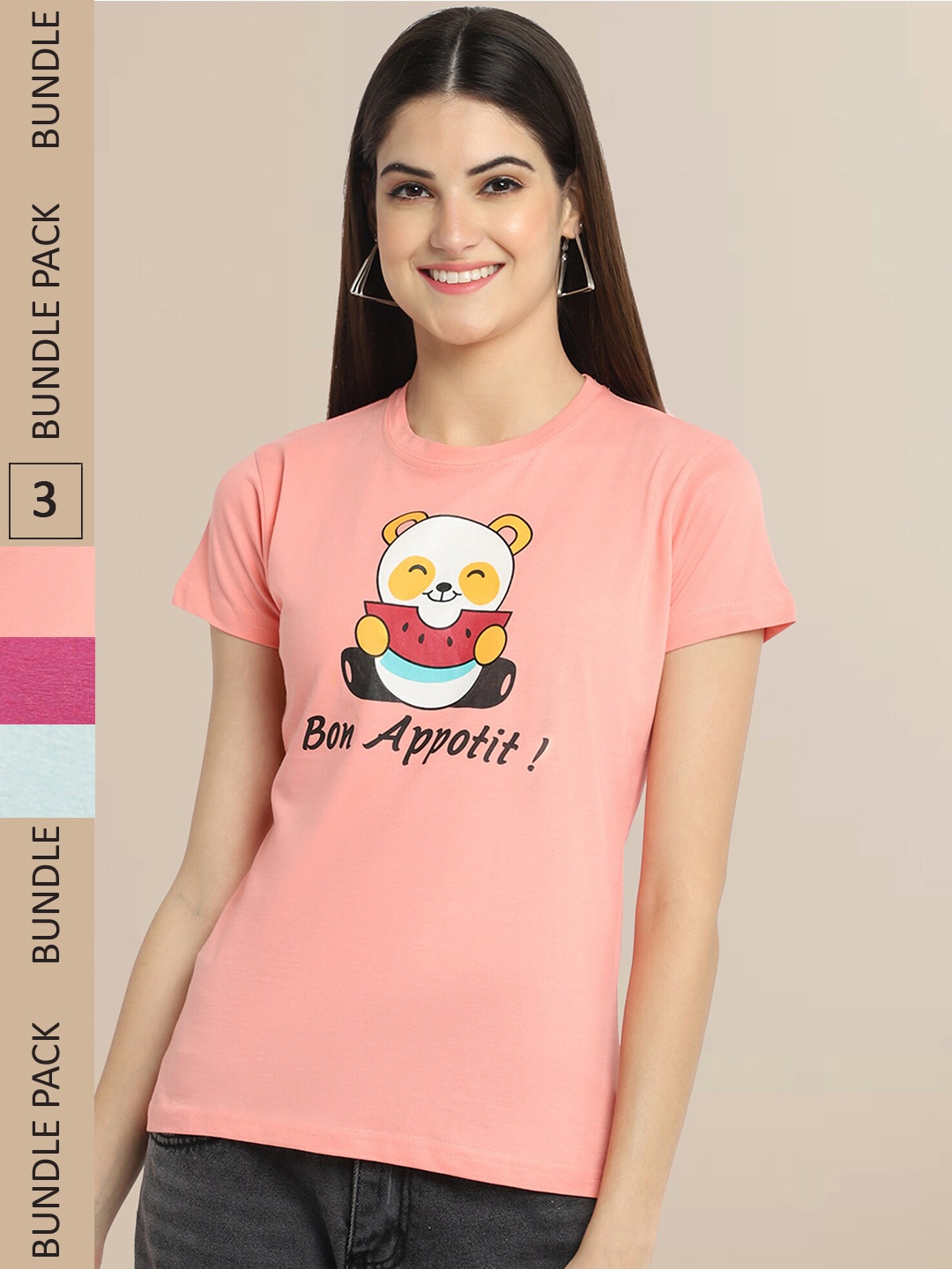 

Fabflee Women Pack of 3 Printed Cotton T-shirt, Peach
