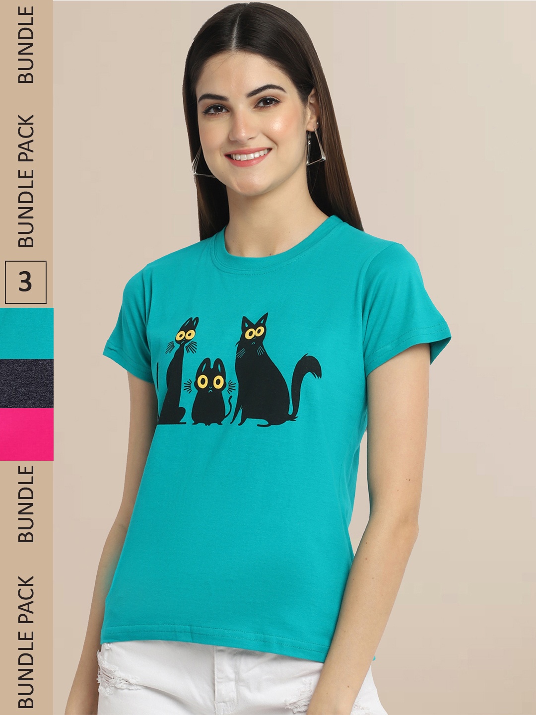 

Fabflee Women Pack of 3 Printed Cotton T-shirt, Teal