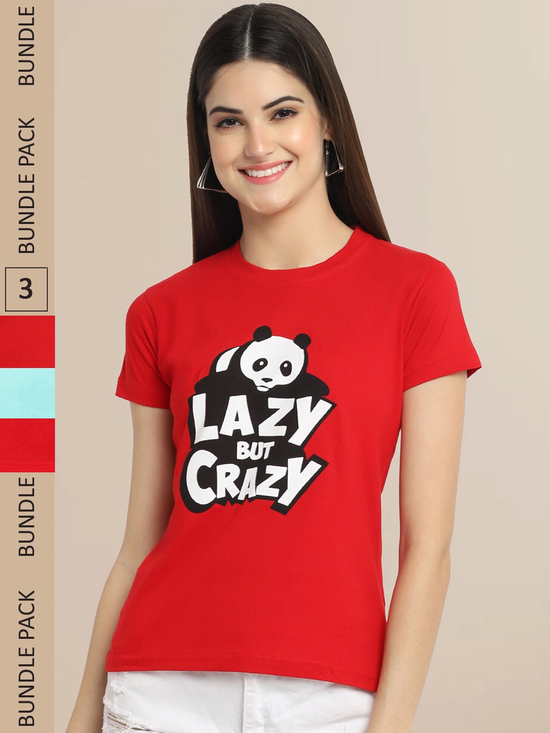 

Fabflee Women Pack of 3 Printed Cotton T-shirts, Red