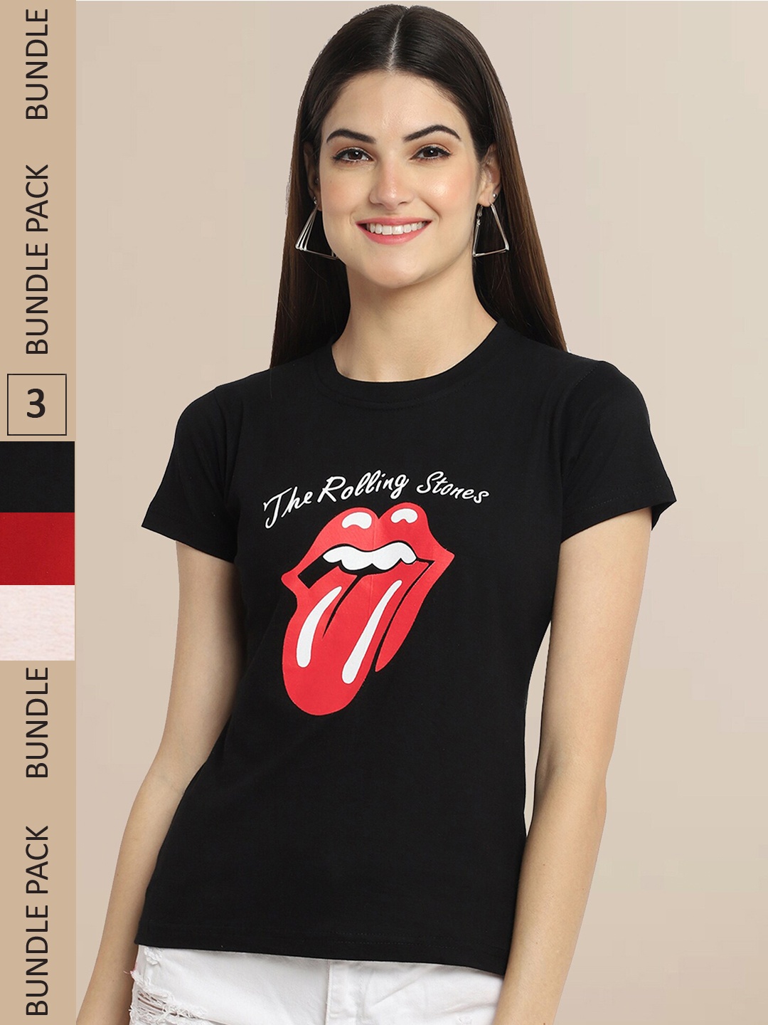 

Fabflee Women Pack of 3 Printed Cotton T-shirts, Black