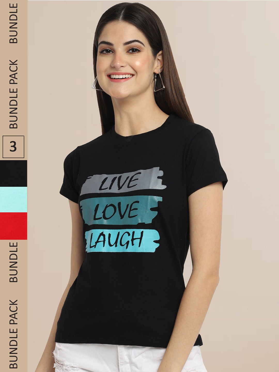 Fabflee Women Pack of 3 Typography Printed Cotton T-shirts, Black