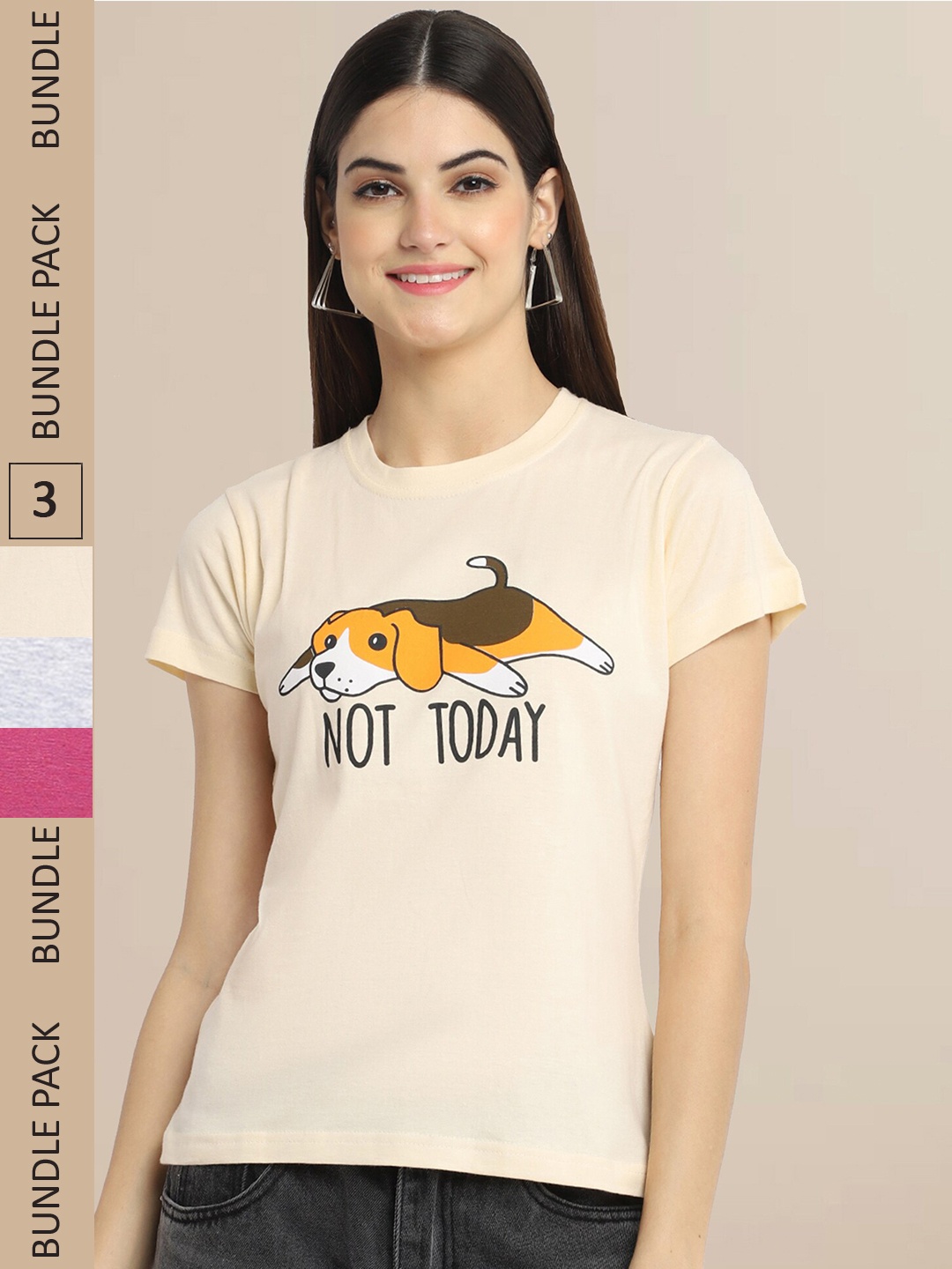 

Fabflee Women Pack Of 3 Printed Cotton T-shirts, Beige