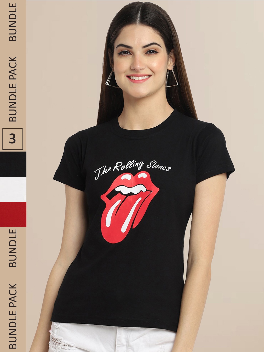

Fabflee Women Pack Of 3 Printed Cotton T-shirts, Black