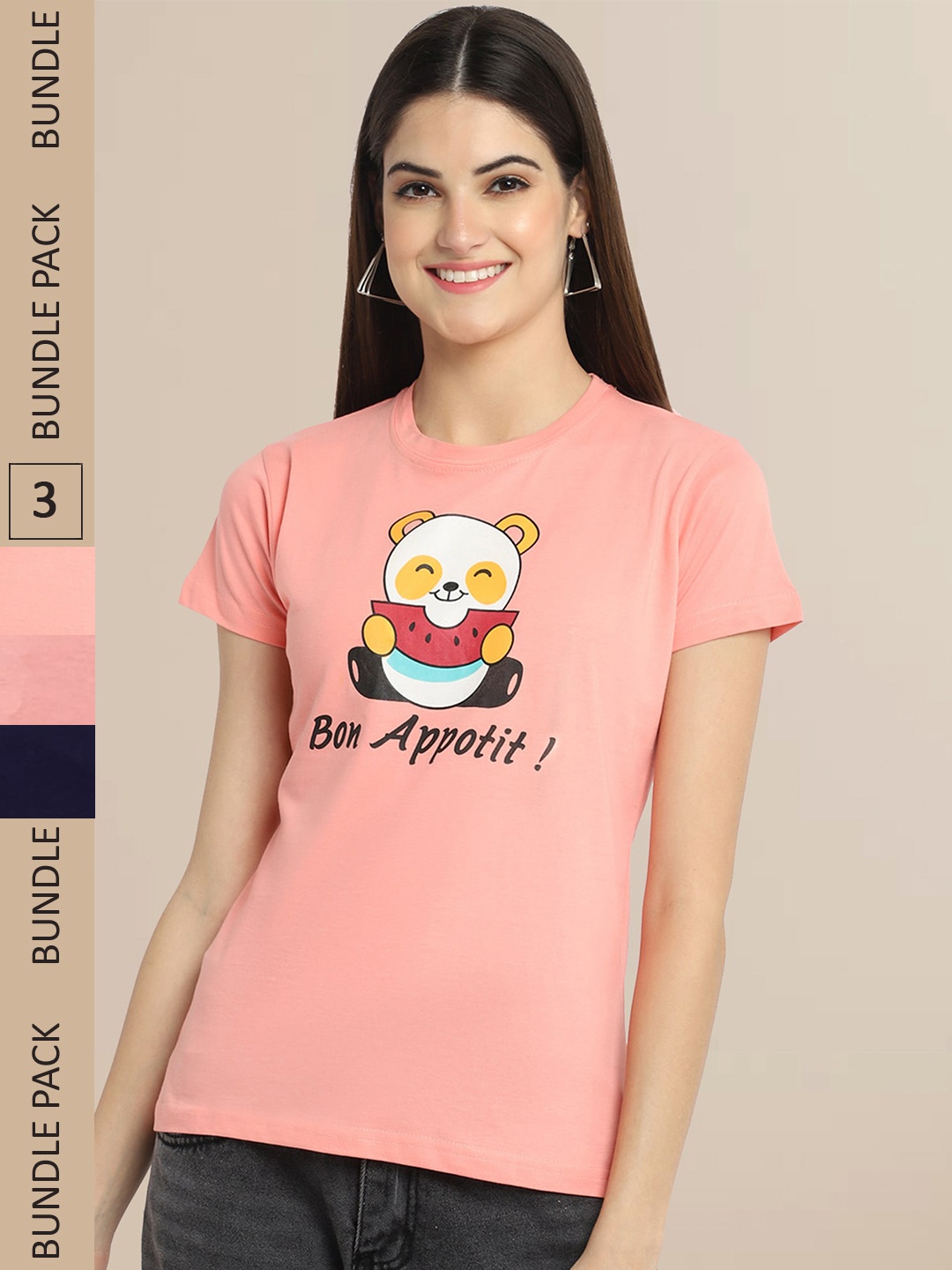 

Fabflee Women Pack Of 3 Typography Printed Cotton T-shirts, Peach