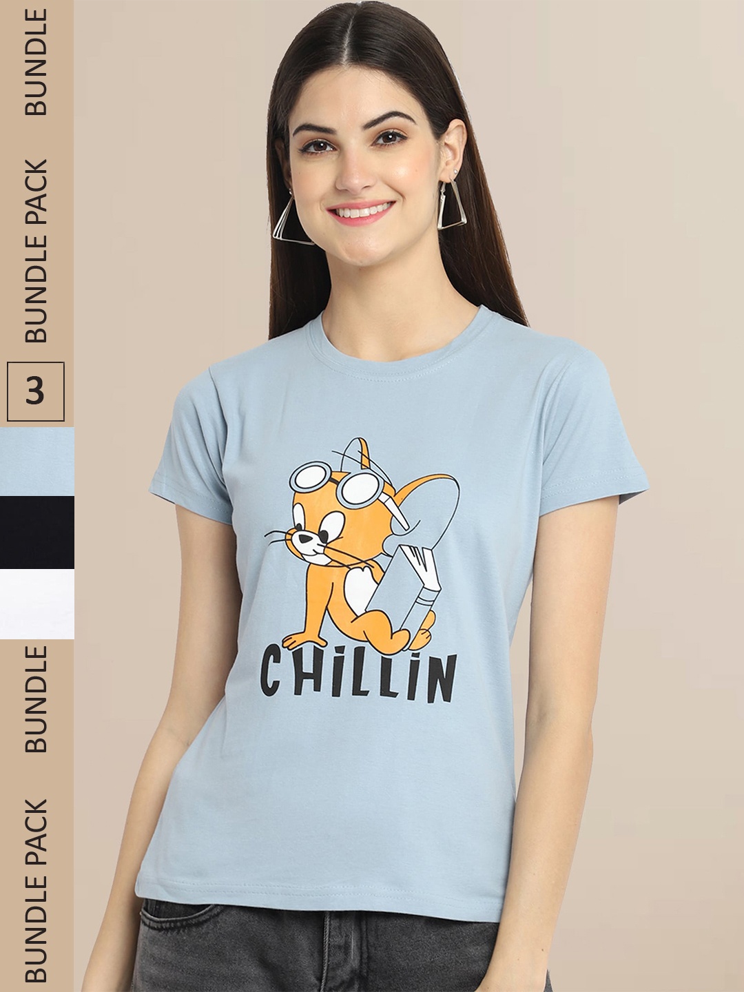 

Fabflee Women Pack Of 3 Mickey Mouse Printed Cotton T-shirts, Blue