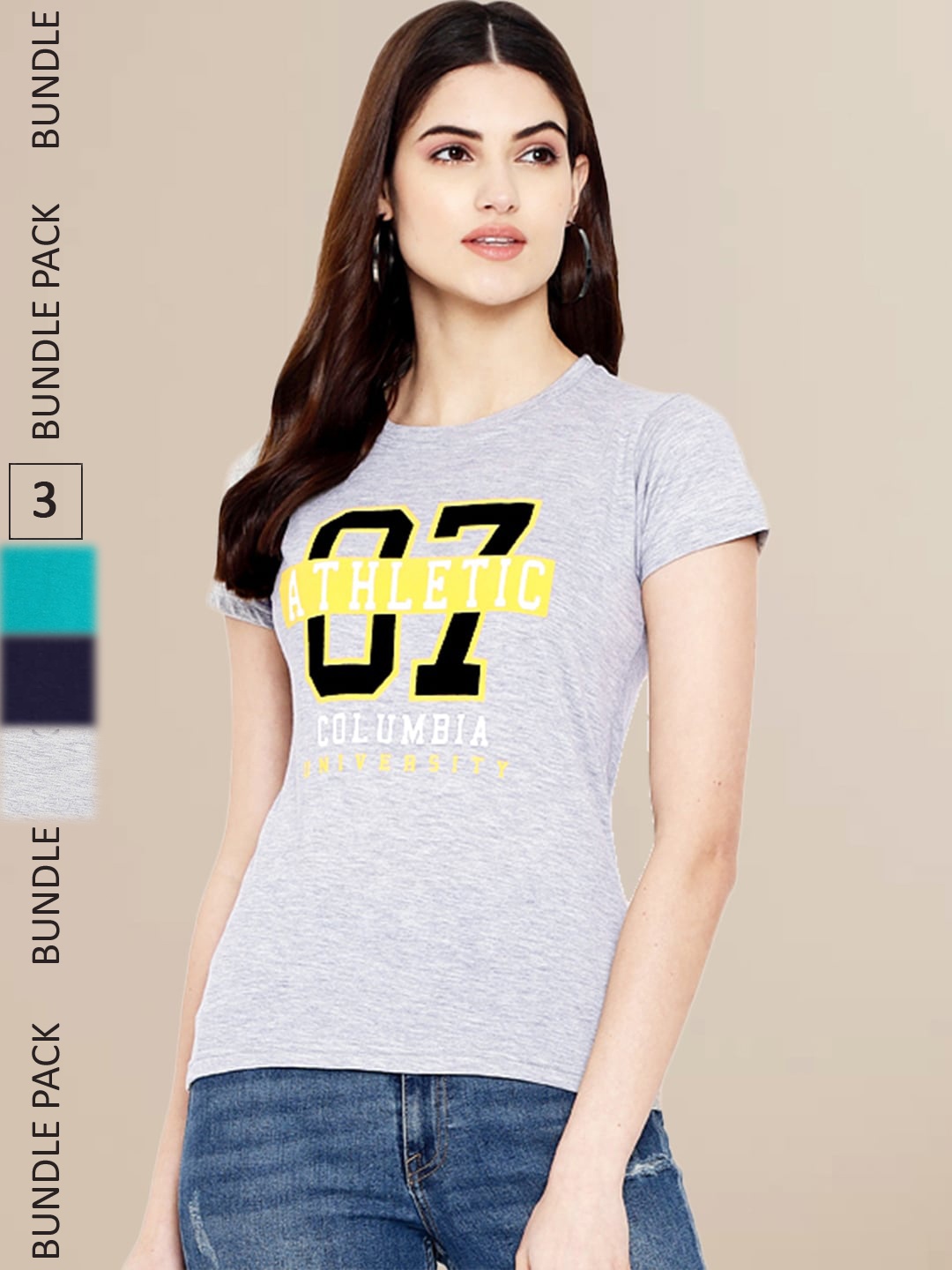 Fabflee Women Pack Of 3 Printed Cotton T-shirts, Grey melange