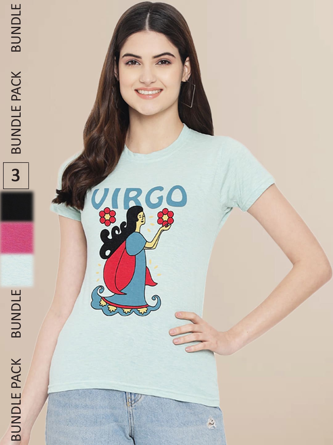 

Fabflee Women Pack Of 3 Printed Cotton T-shirts, Turquoise blue