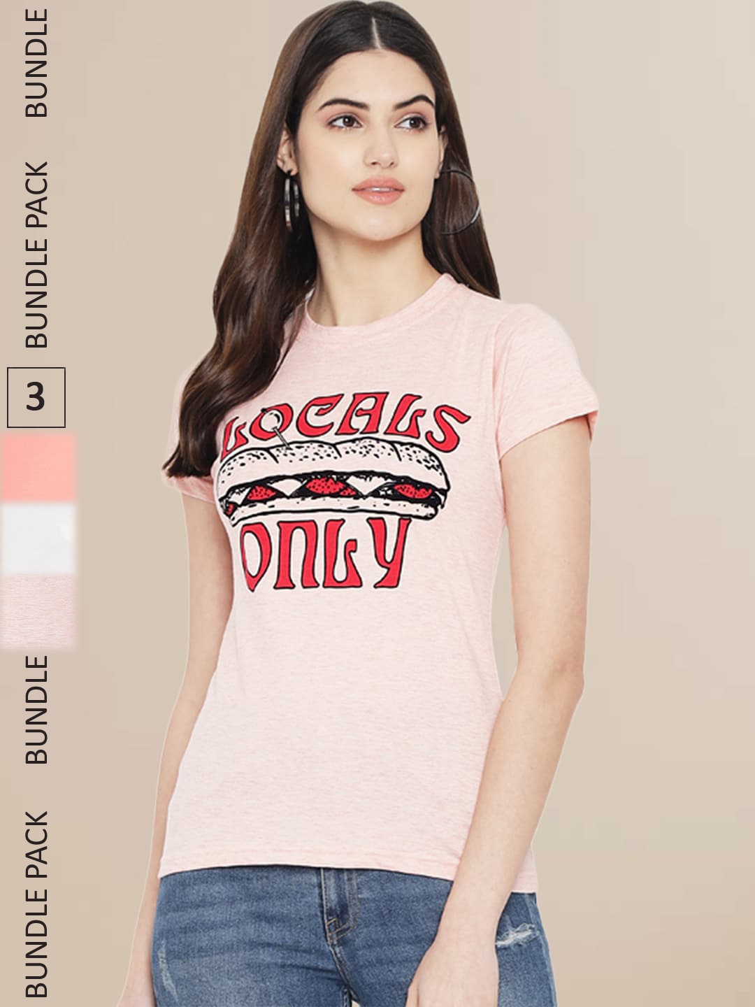

Fabflee Women Pack Of 3 Typography Printed Cotton T-shirts, Peach