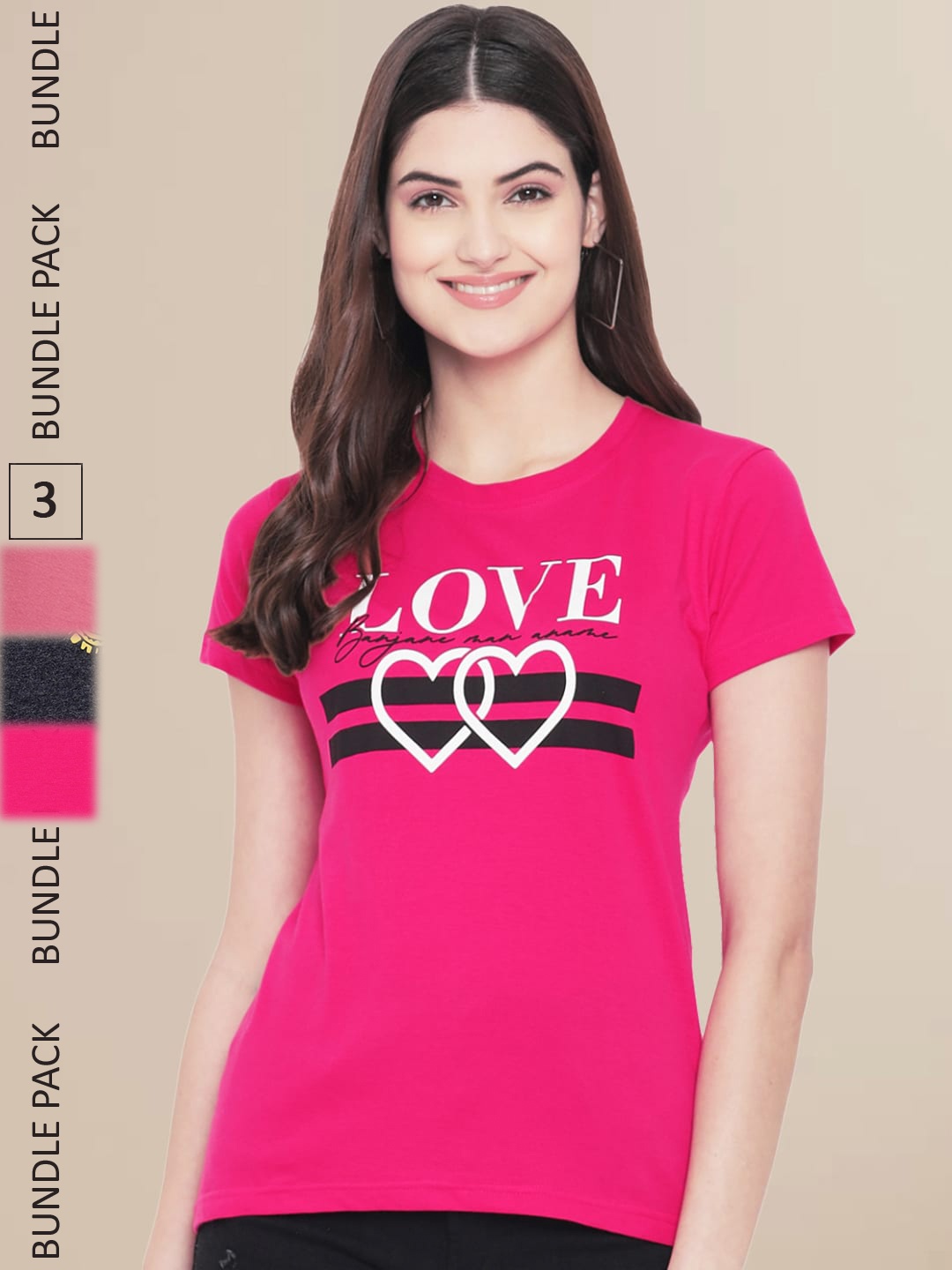 Fabflee Women Pack Of 3 Printed Cotton T-shirts, Fuchsia
