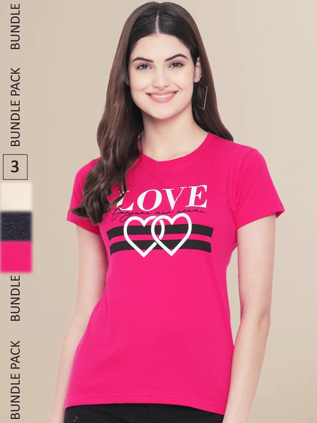 

Fabflee Women Pack Of 3 Printed Cotton T-shirts, Pink