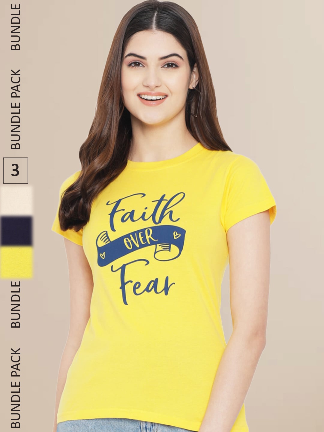 

Fabflee Women Pack Of 3 Printed Cotton T-shirts, Yellow