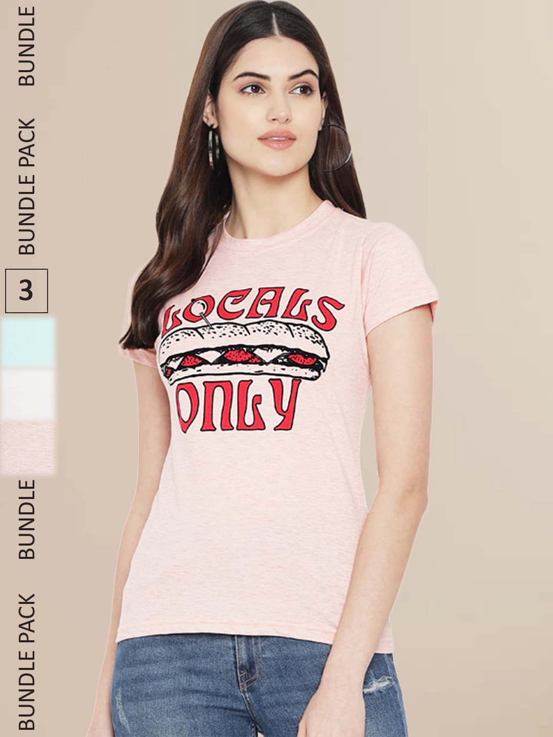 

Fabflee Women Pack Of 3 Typography Printed Cotton T-shirts, Peach
