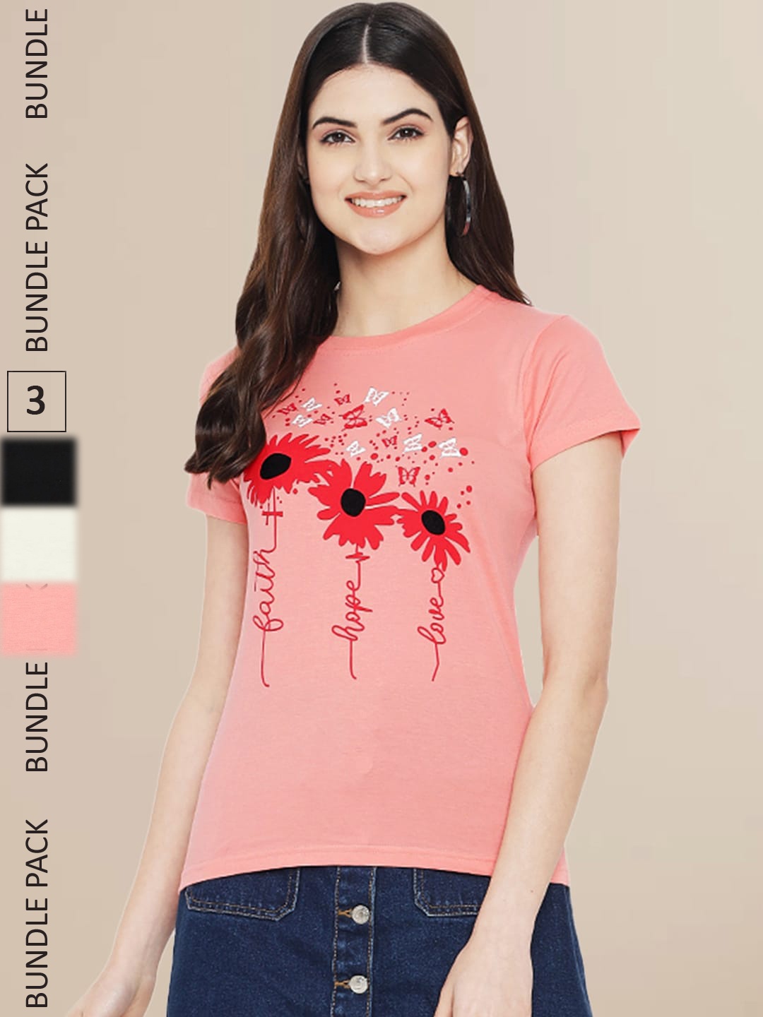 Fabflee Women Pack Of 3 Printed Cotton T-shirts, Peach