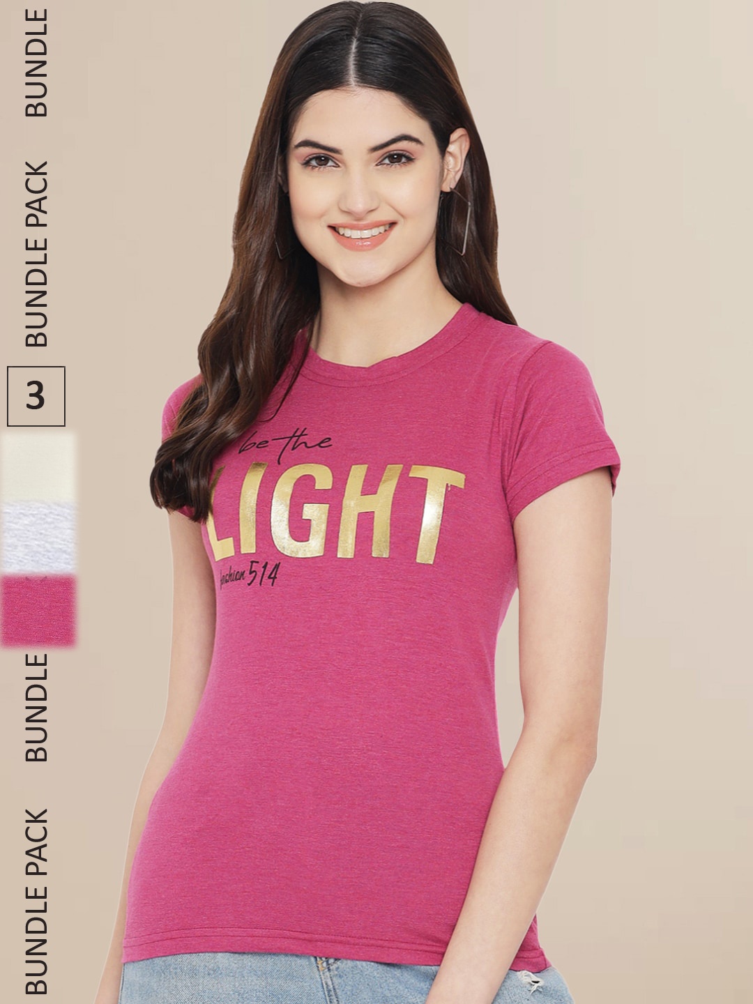 Fabflee Women Pack of 3 Typography Printed Cotton T-shirt, Pink