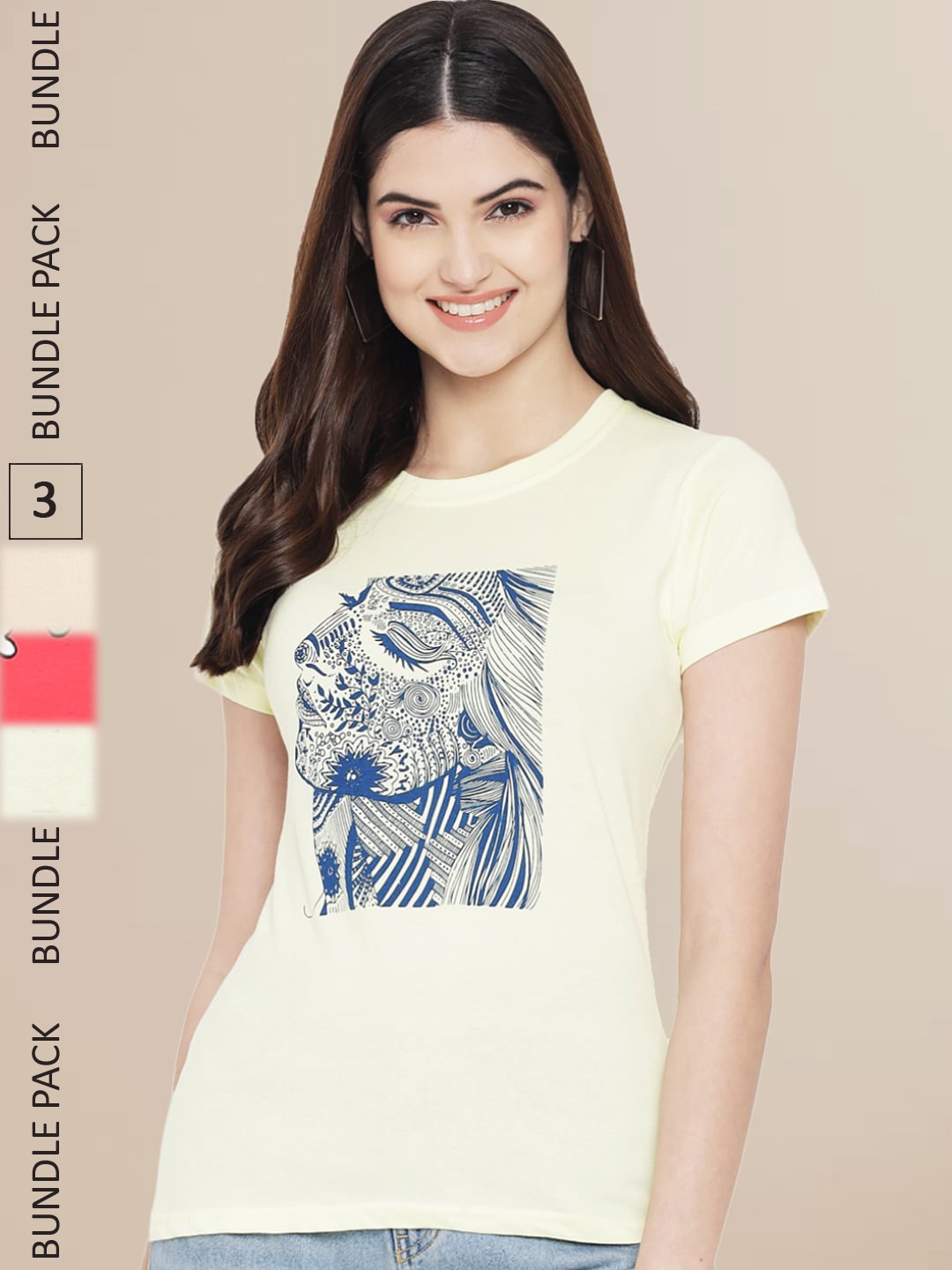 

Fabflee Women Pack of 3 Typography Printed Cotton T-shirt, Yellow