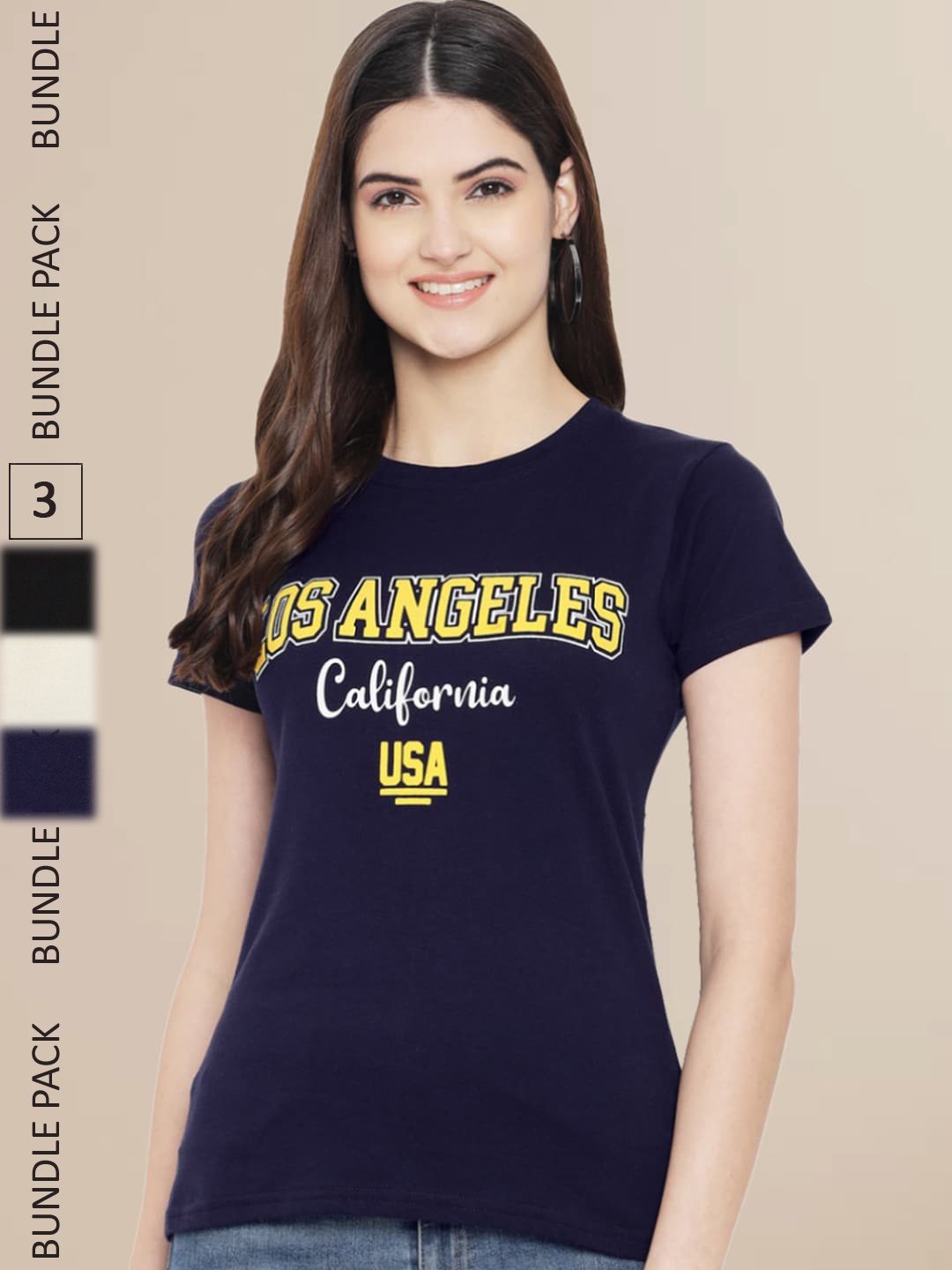 Fabflee Women Pack of 3 Typography Printed Cotton T-shirt, Navy blue