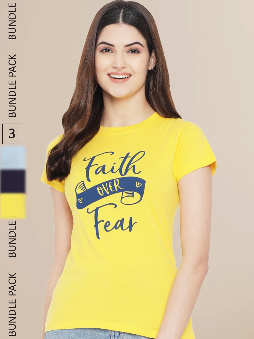 Fabflee Women Pack of 3 Graphic Printed Cotton T-shirt, Yellow
