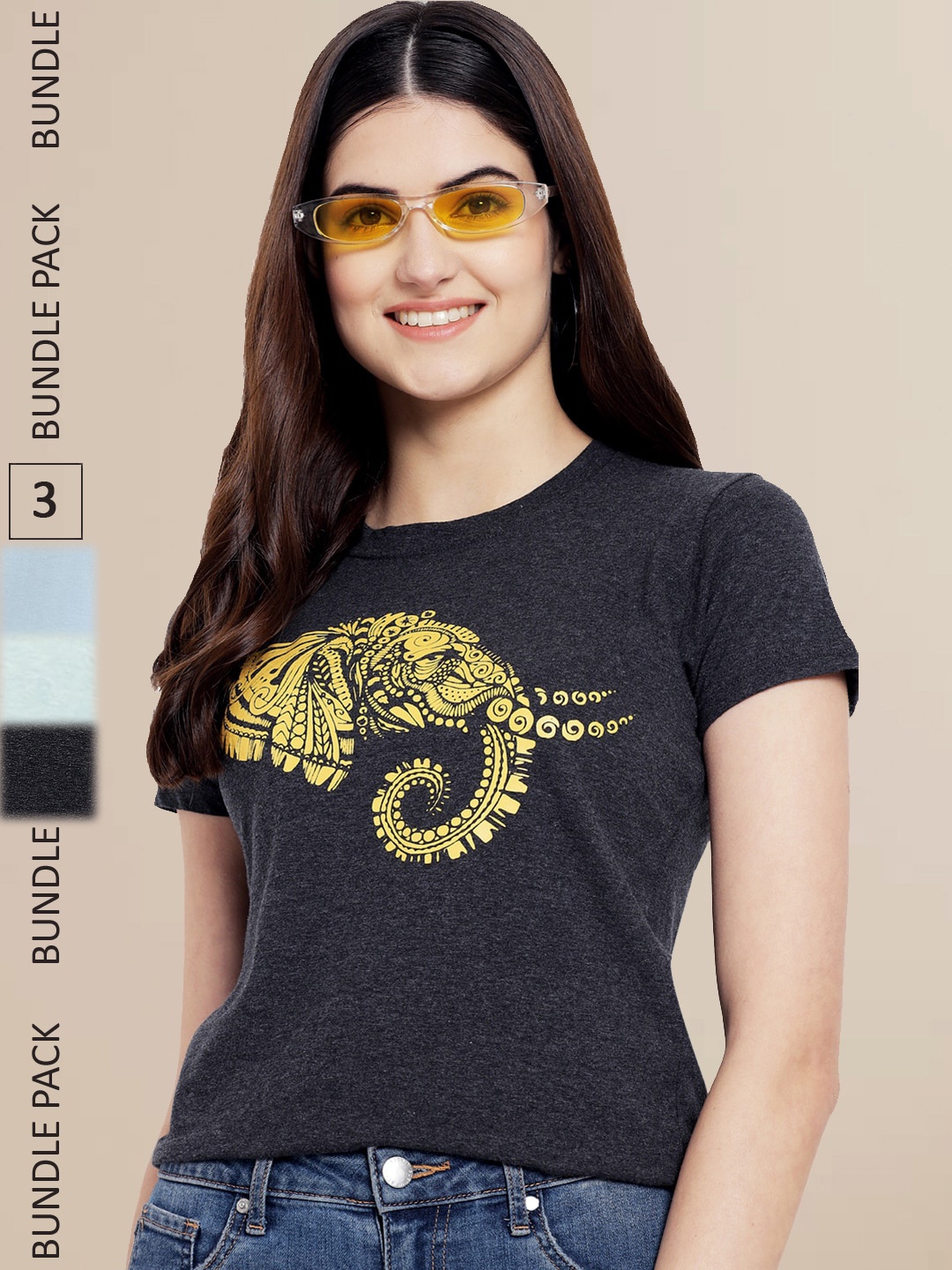Fabflee Women Pack of 3 Graphic Printed Cotton T-shirt, Black