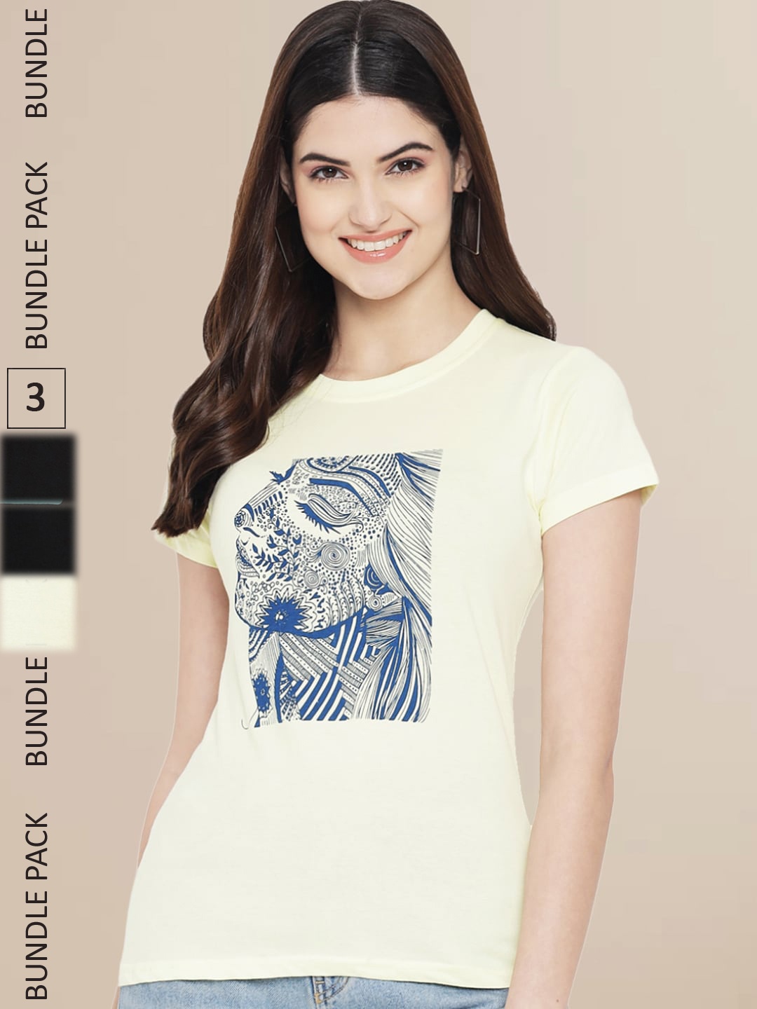 

Fabflee Women Pack of 3 Graphic Printed Cotton T-shirt, Yellow