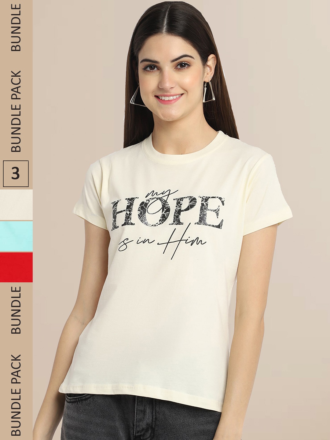 

Fabflee Women Pack of 3 Printed Cotton T-shirts, Off white
