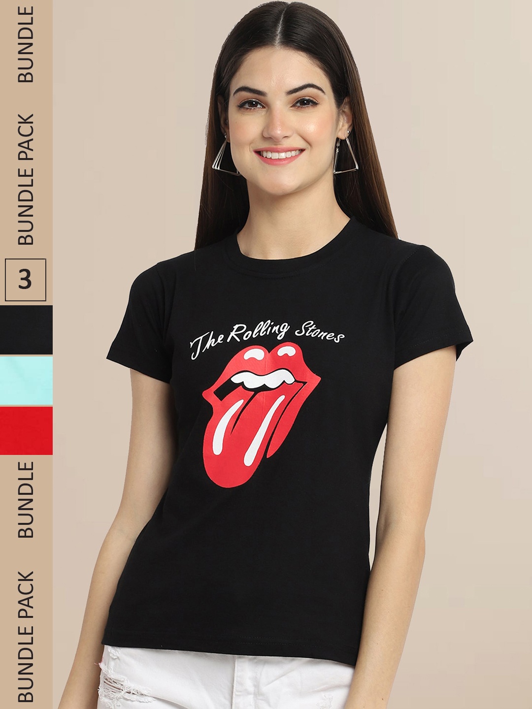 

Fabflee Women Pack of 3 Printed Cotton T-shirts, Black