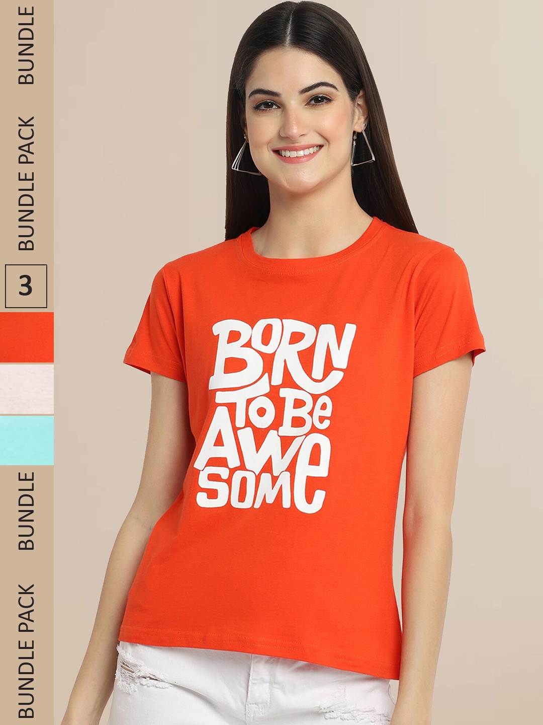 

Fabflee Women Pack of 3 Printed Cotton T-shirts, Orange