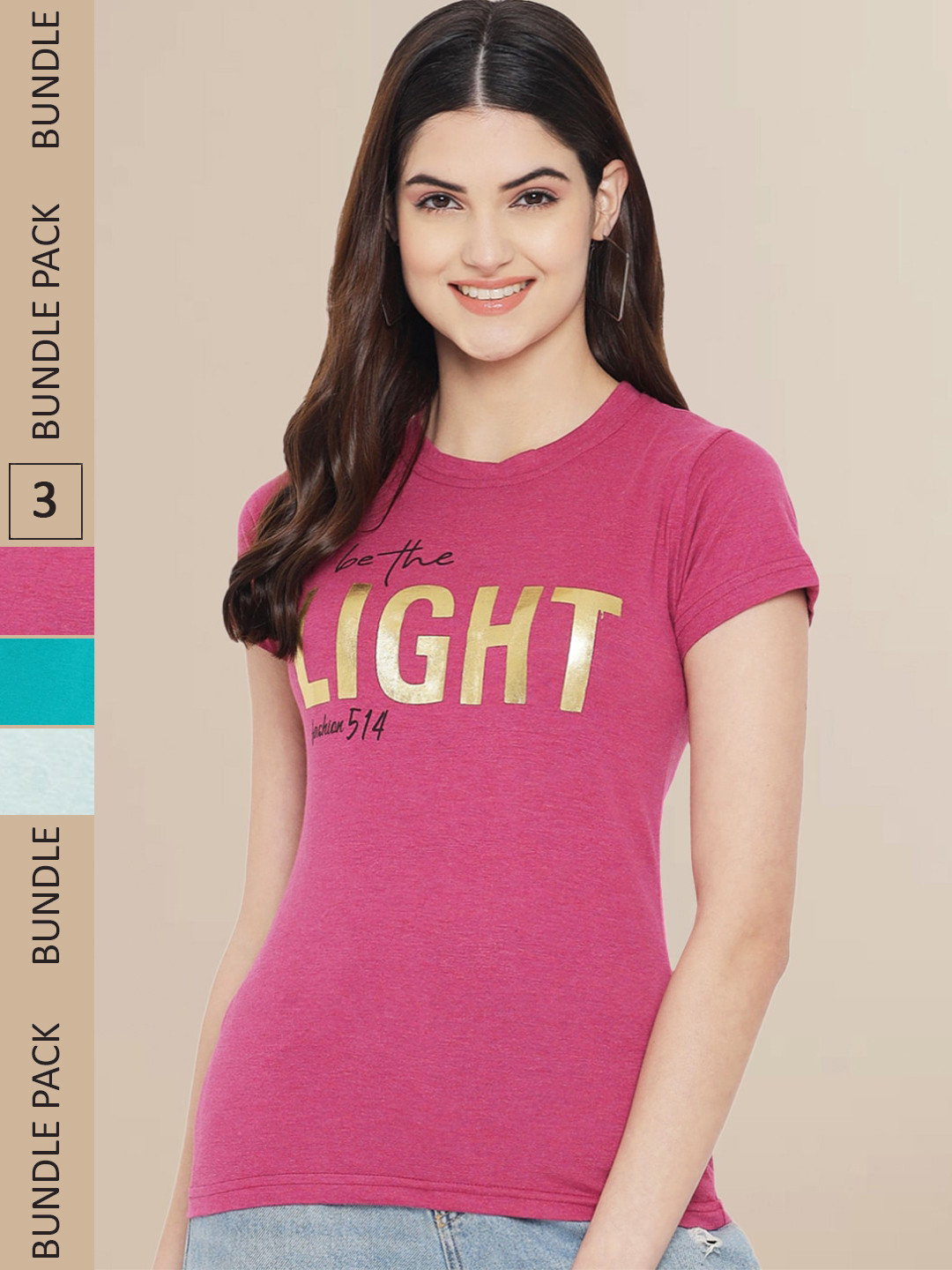 

Fabflee Women Pack of 3 Printed Cotton T-shirts, Pink