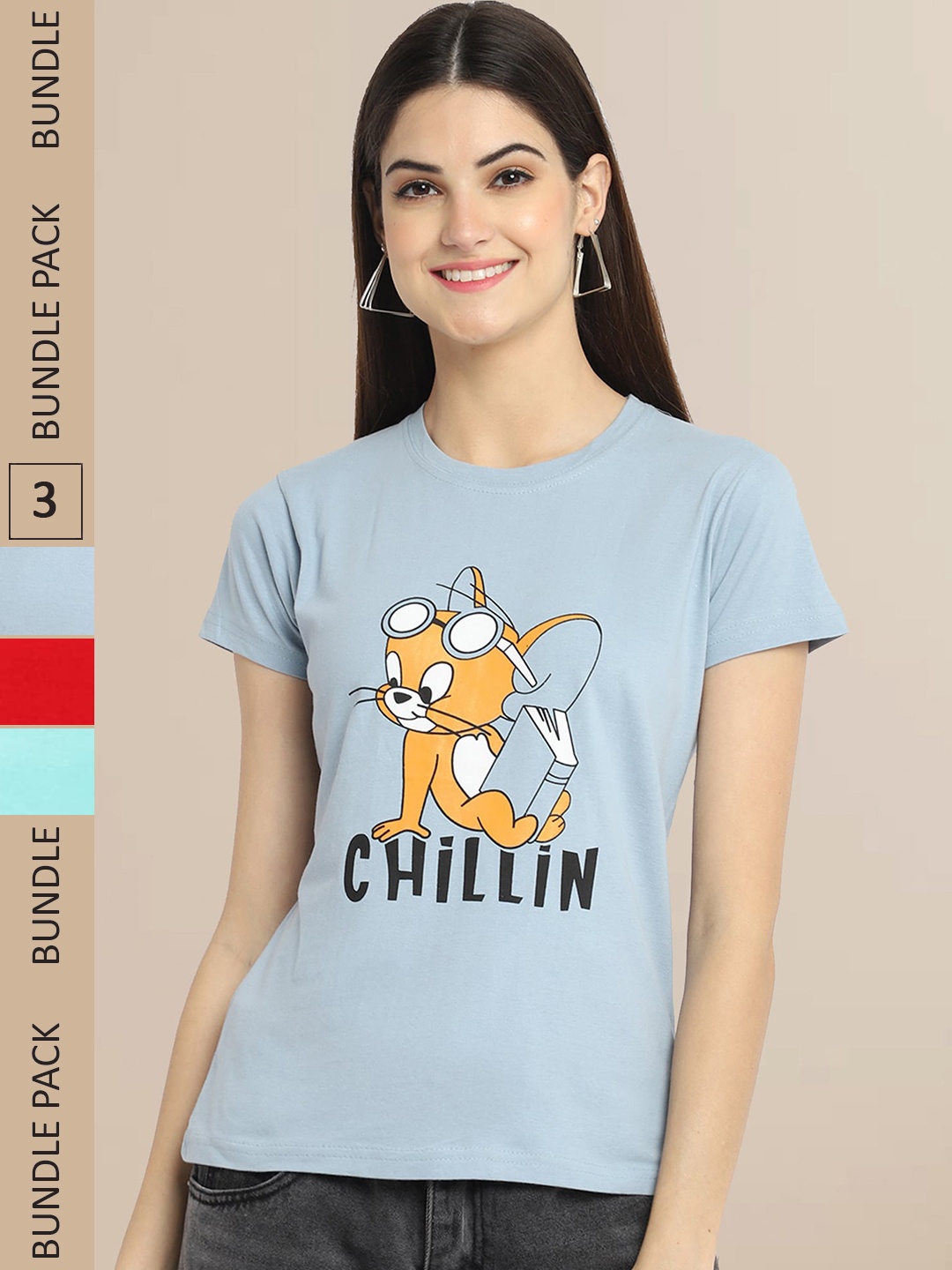 Fabflee Women Pack of 3 Printed Cotton T-shirts, Grey