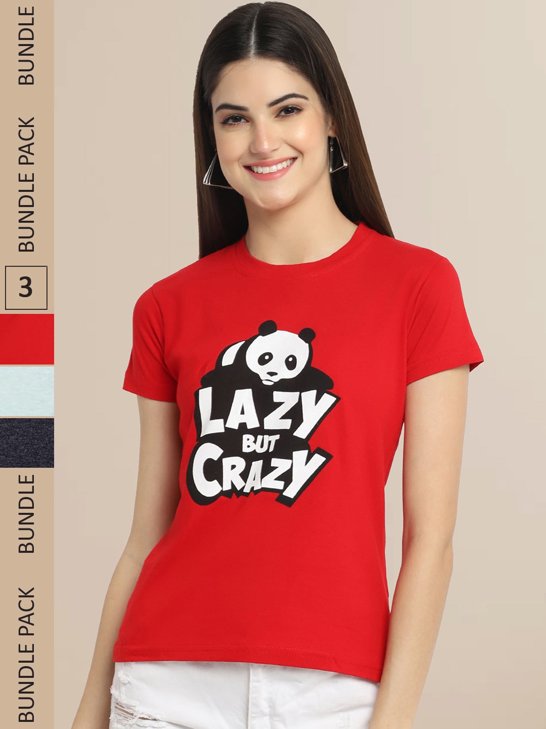 

Fabflee Women Pack of 3 Printed Cotton T-shirts, Red