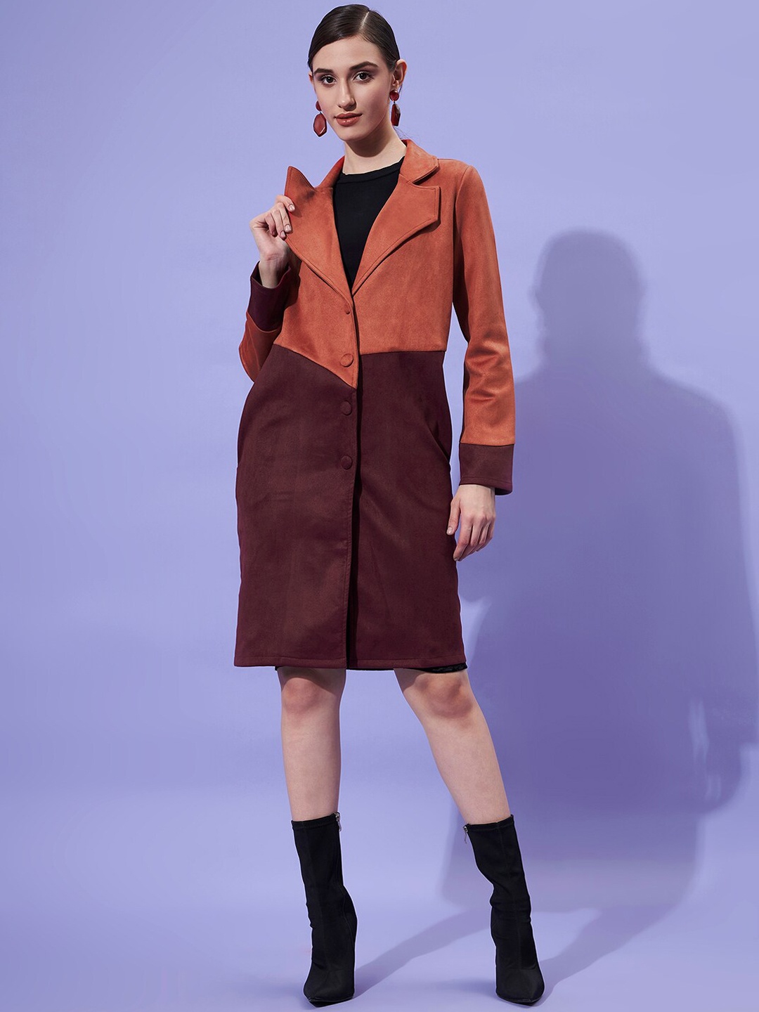 

Athena Women Rust & Brown Colourblocked Suede Trench Coat