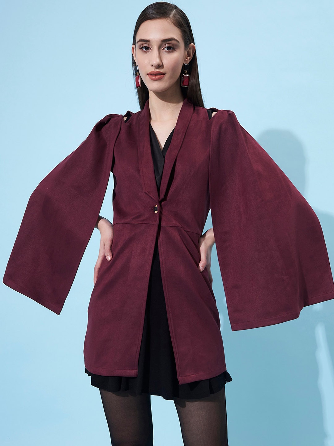 

Athena Women Burgundy Shawl Collar Shoulder Cut Out Coat