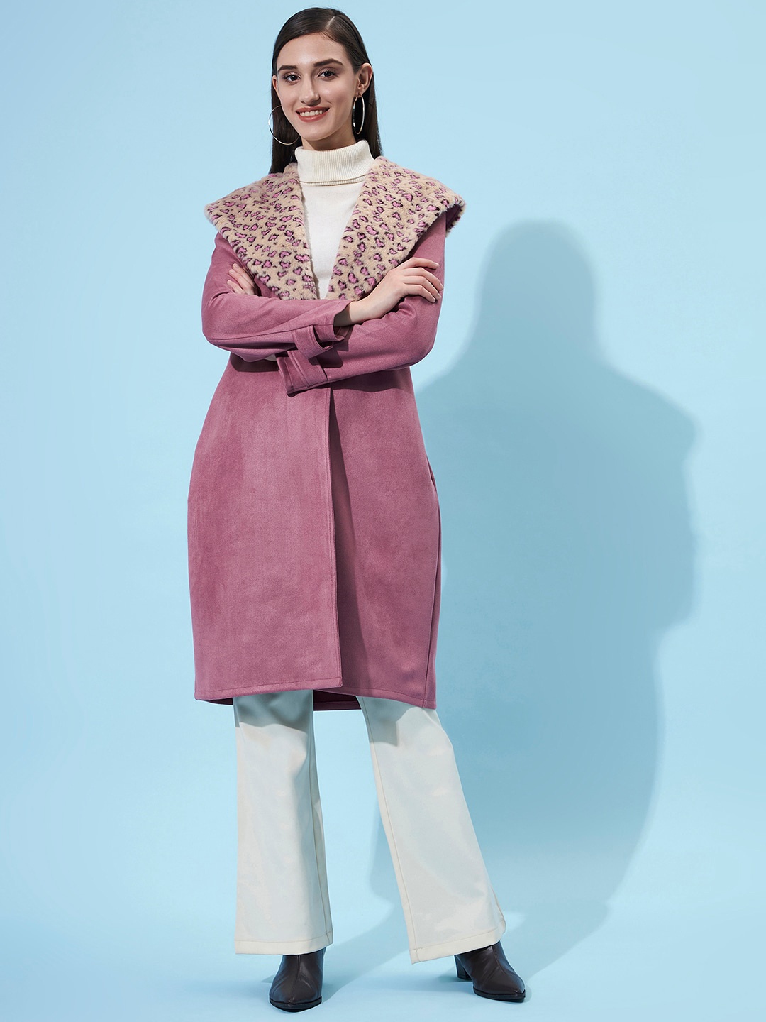 

Athena Women Pink Fur Collar Longline Overcoat