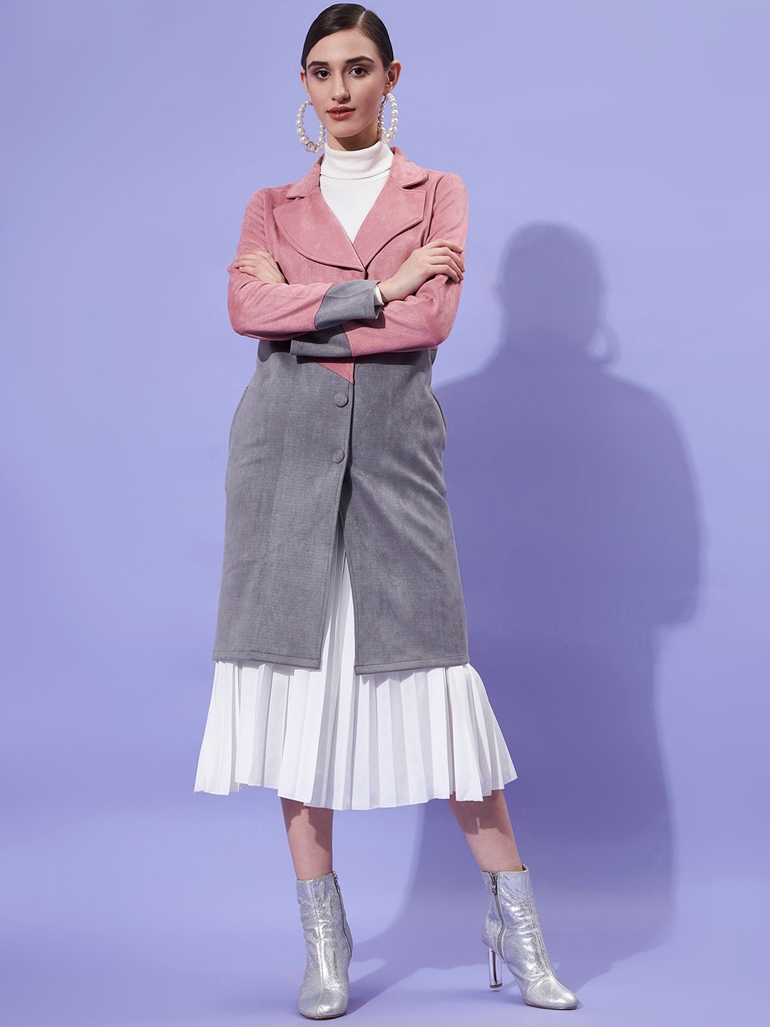 

Athena Women Pink & Grey Colorblocked Longline Overcoat