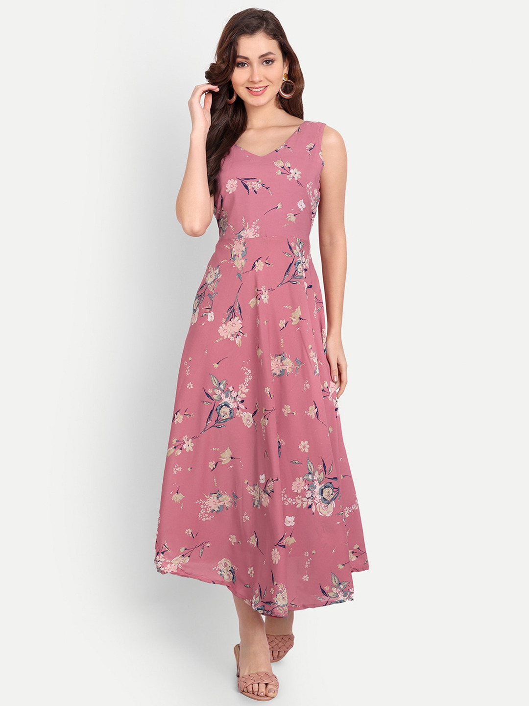 

WEAVETECH IMPEX Women Pink & Grey Printed Maxi Dress